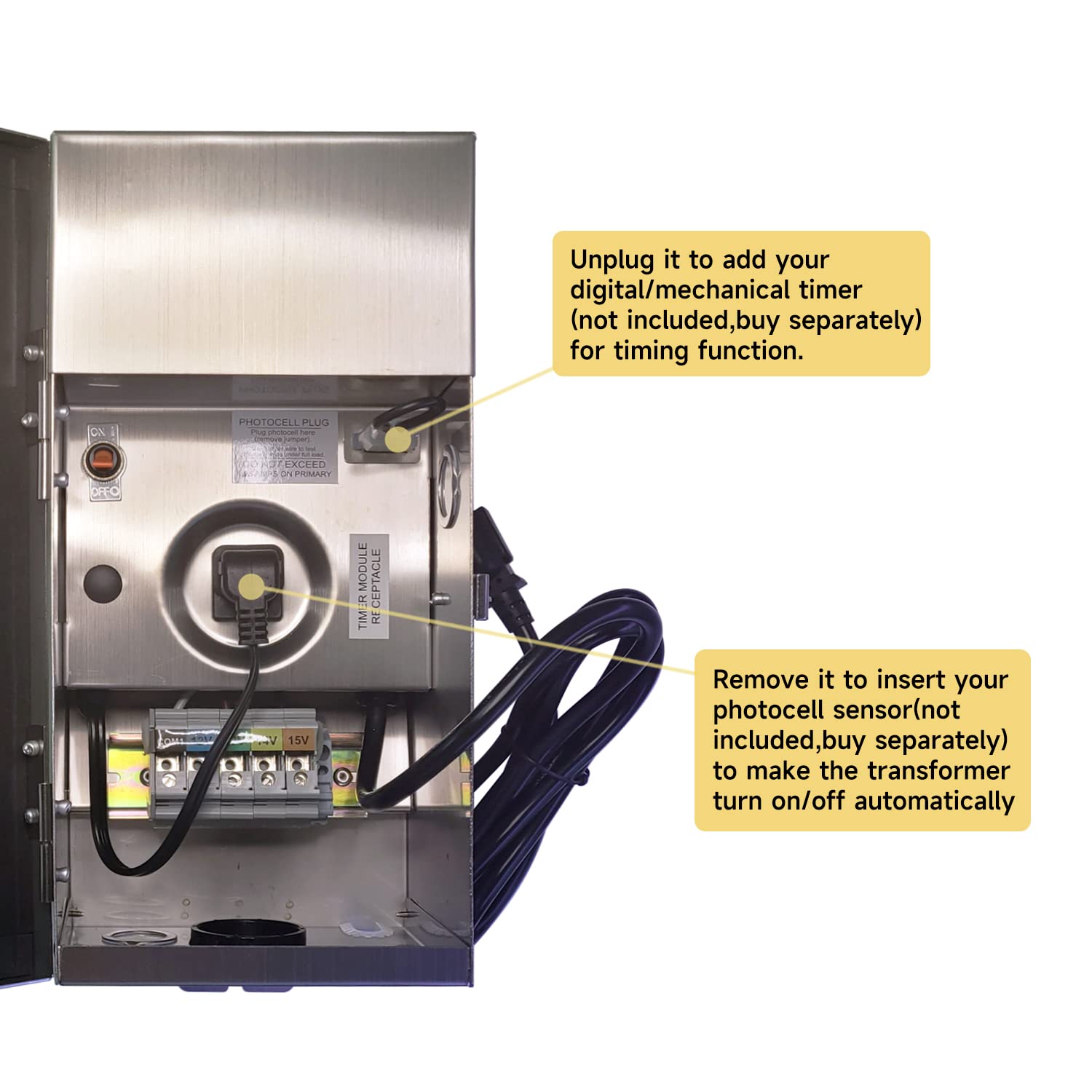 300W Multi-Tap Low Voltage Transformer interior with timer and photocell sensor instructions for outdoor landscape lighting COT705S.