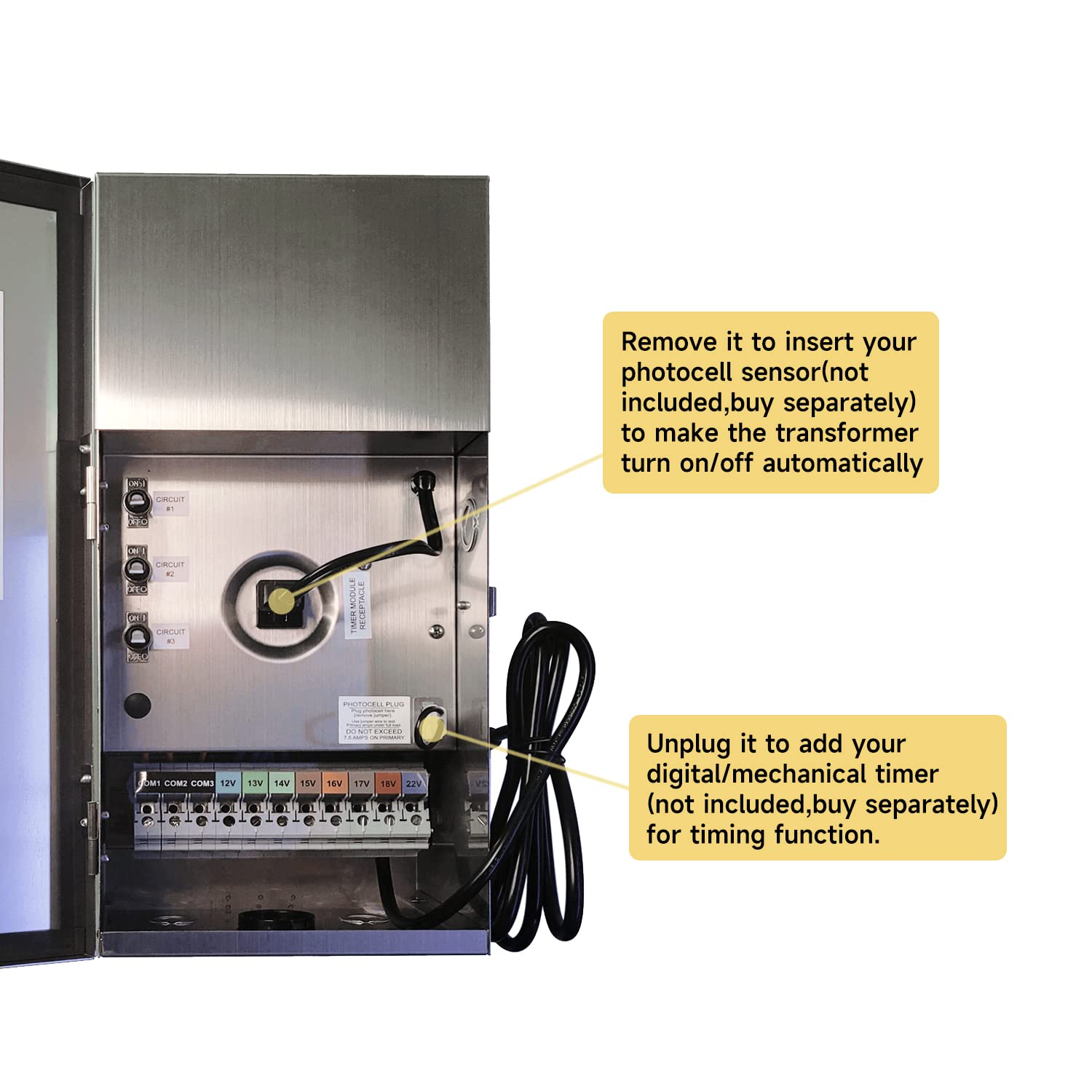 900W multi-tap low voltage transformer for outdoor landscape lighting with instructions on photocell sensor and timer upgrade options