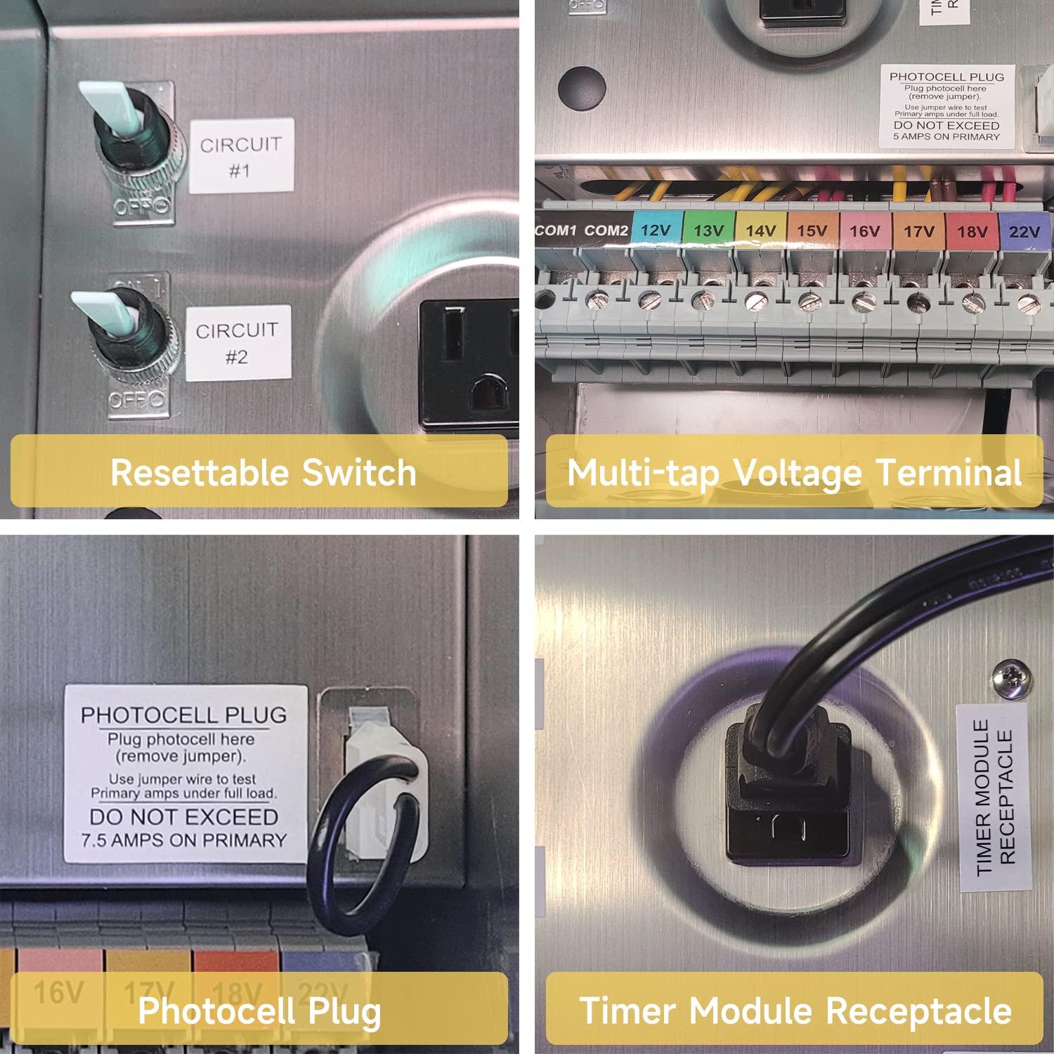 Close-up view of outdoor landscape lighting 600W multi-tap low voltage transformer features including resettable switch, multi-tap voltage terminal, photocell plug, and timer module receptacle COT703S.