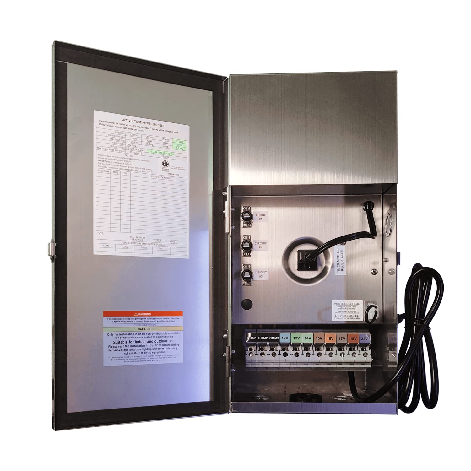 900W Multi-Tap Low Voltage Transformer COT704S for Outdoor Landscape Lighting showing voltage options and wiring panel.