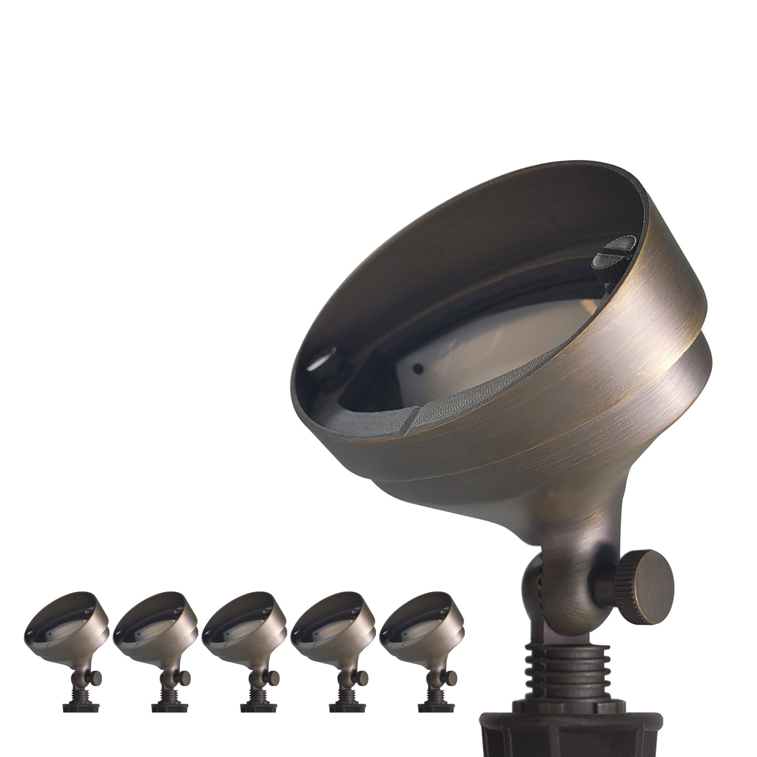 Brass outdoor flood light COF501B for low voltage landscape wall wash lighting with multiple fixtures in background