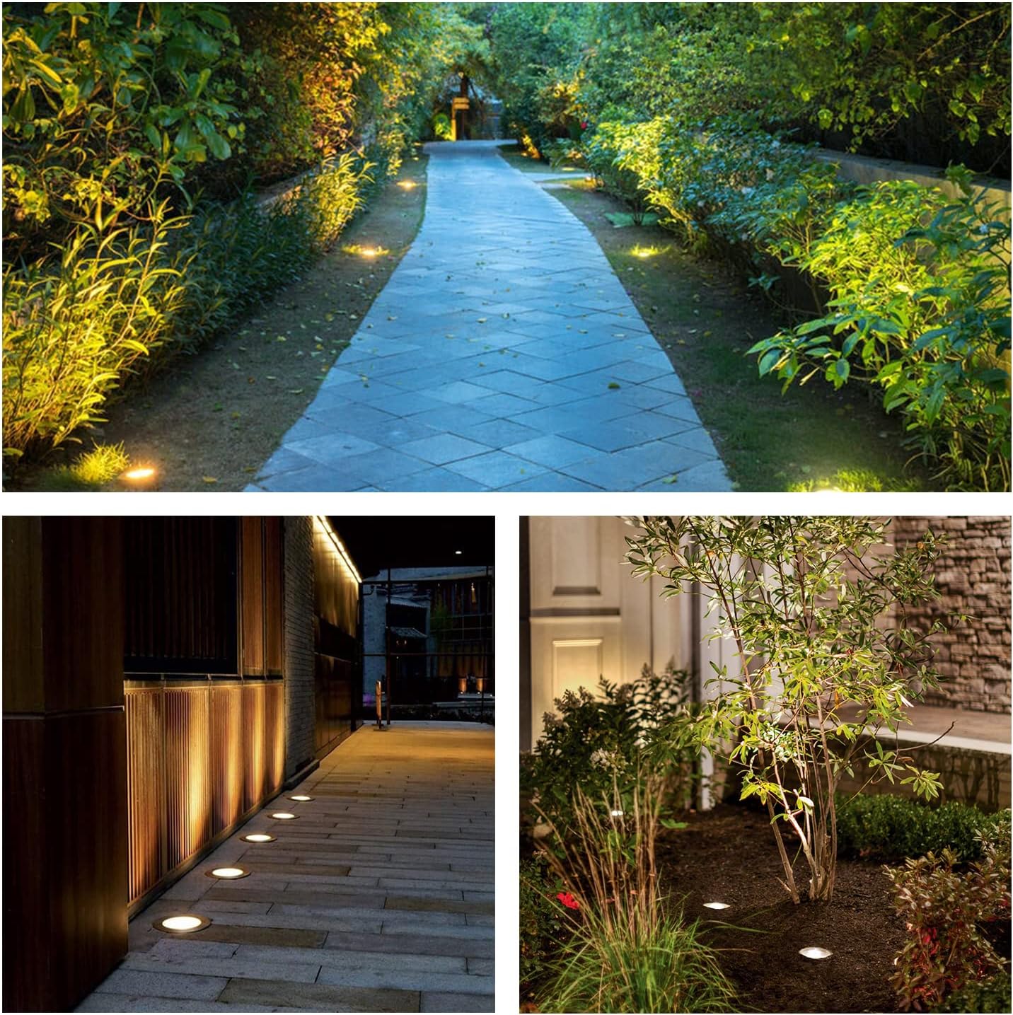 Various applications of LED in-ground well lights illuminating a garden walkway, modern outdoor entrance, and garden area for beautiful and energy-efficient landscape lighting.