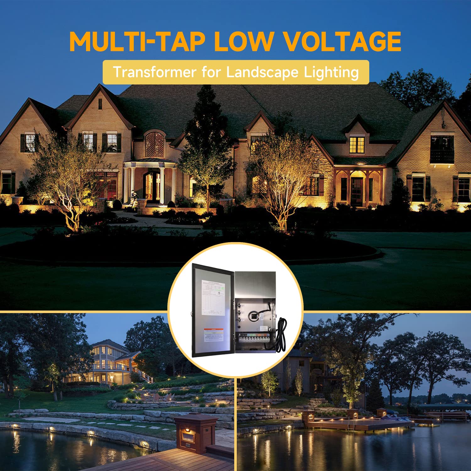900W Multi-Tap Low Voltage Transformer for Outdoor Landscape Lighting with illuminated house and garden lights COT704S