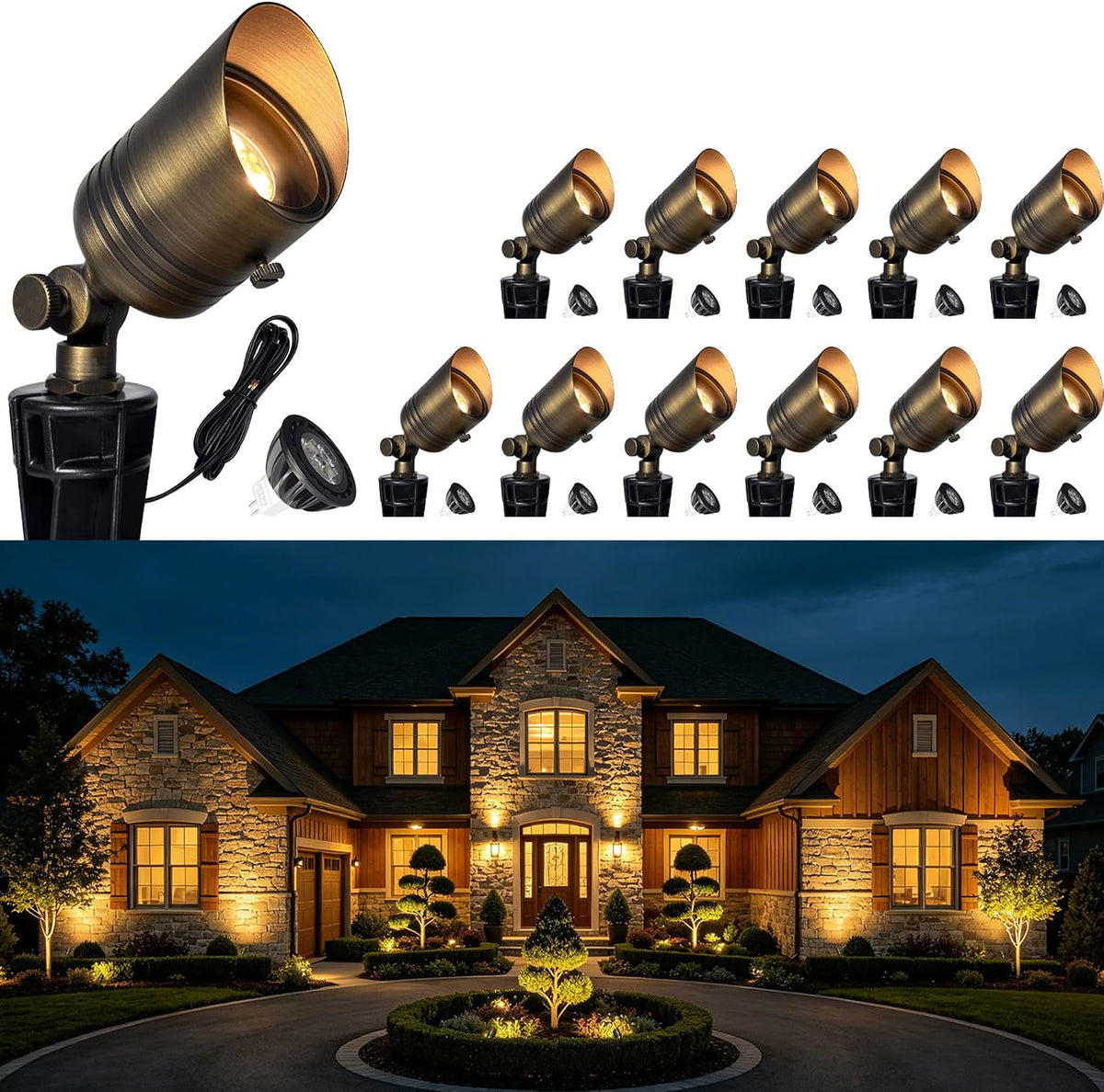 COLOER 5W 12V Brass Outdoor Landscape Spot Light with Bulb(12Pack)