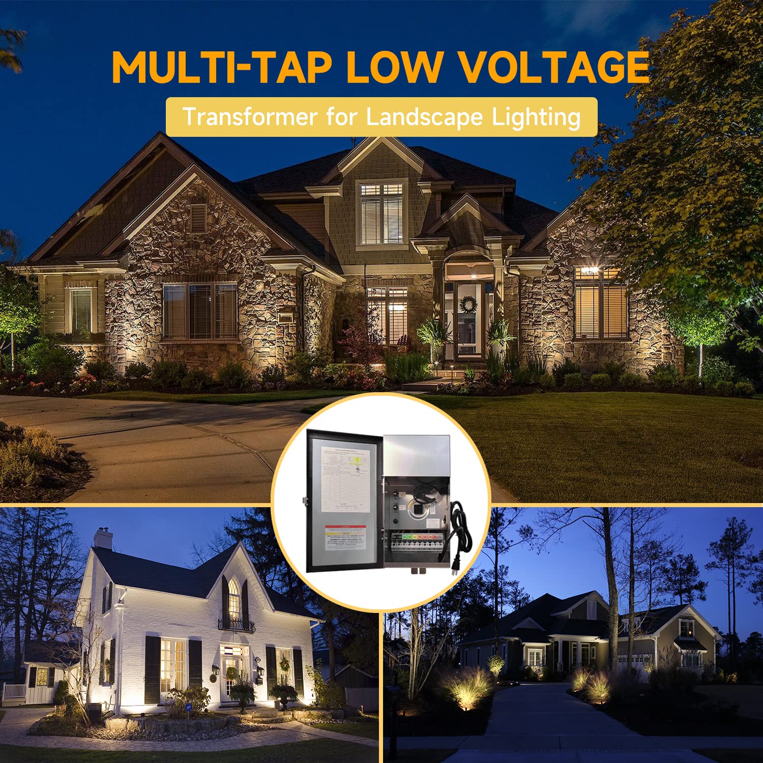Multi-tap low voltage transformer for landscape lighting, featuring a circular frame image of the transformer unit and examples of beautifully lit houses and gardens.