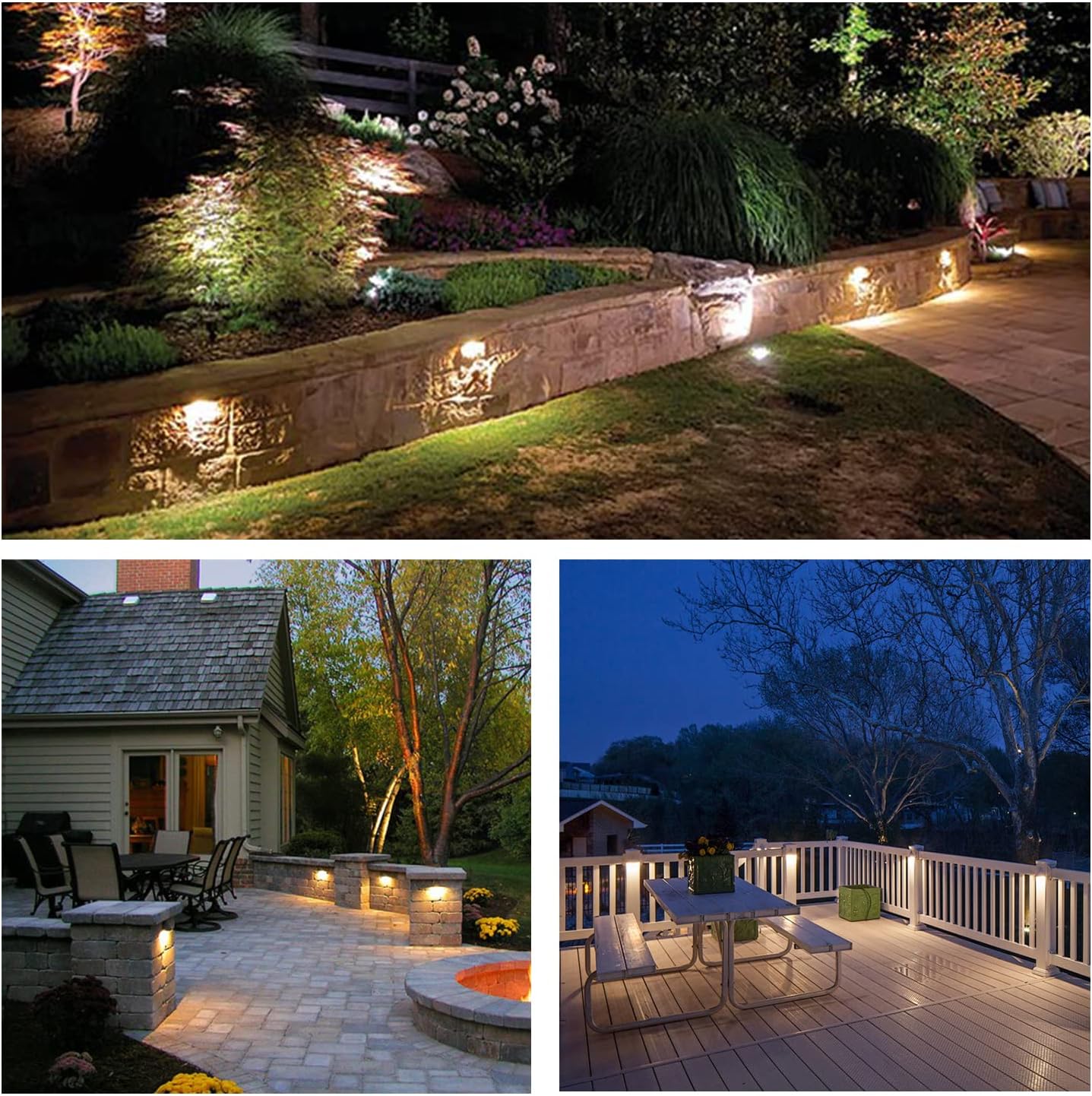 LED Brass Deck Lights illuminating backyard landscapes in a waterproof low voltage lighting setup COD