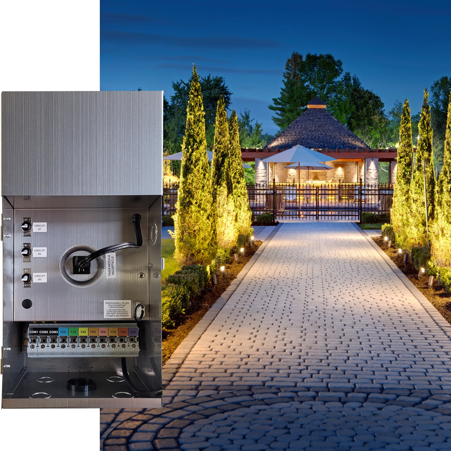 900W Multi-Tap Low Voltage Transformer COT704S alongside a beautifully lit outdoor pathway with LED landscape lights leading to a gazebo.
