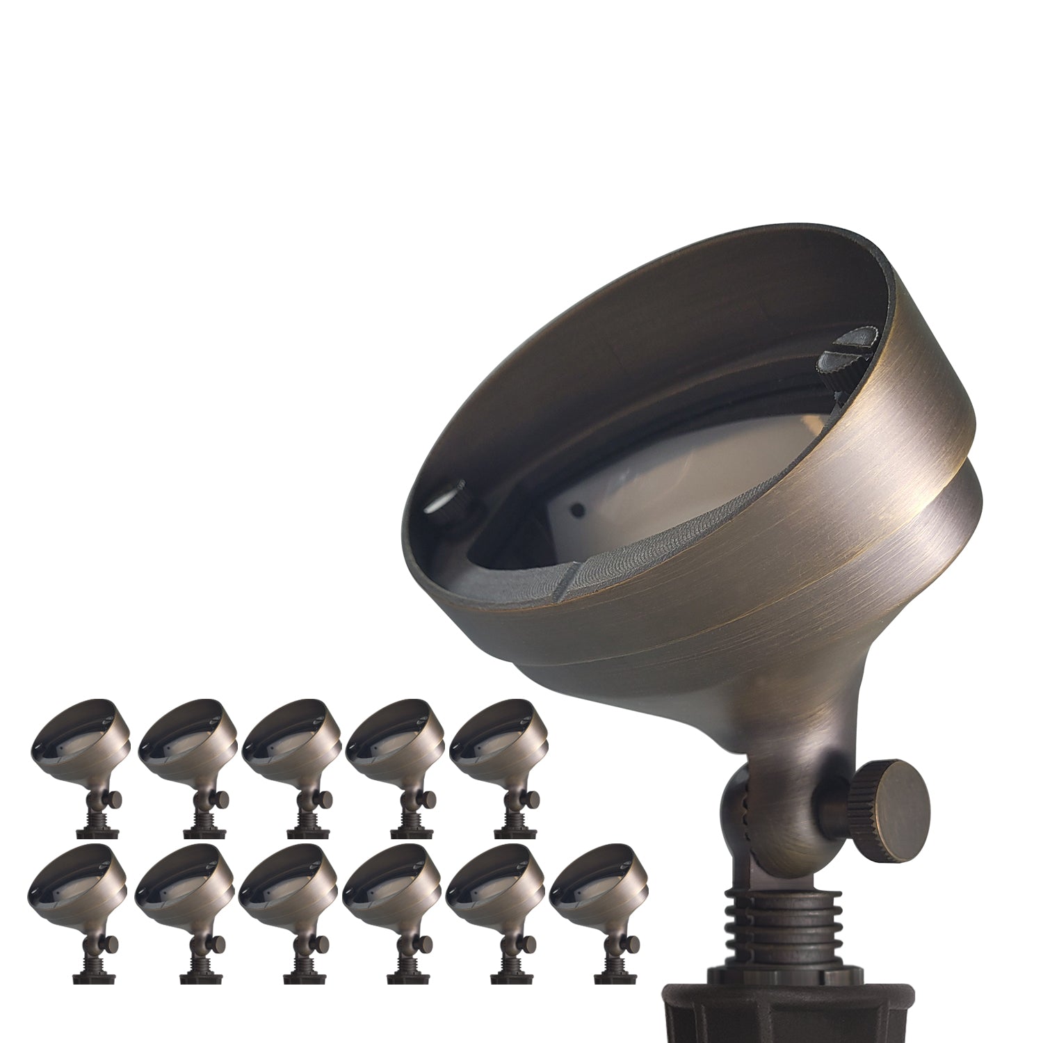 Brass outdoor flood light for landscape wall wash lighting COF501B with low voltage design on white background.