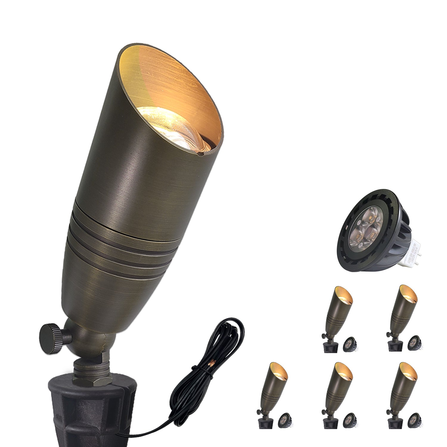 Brass LED landscape tree lighting set with low voltage outdoor spotlights COA102B-5 showing individual light design and group arrangement.