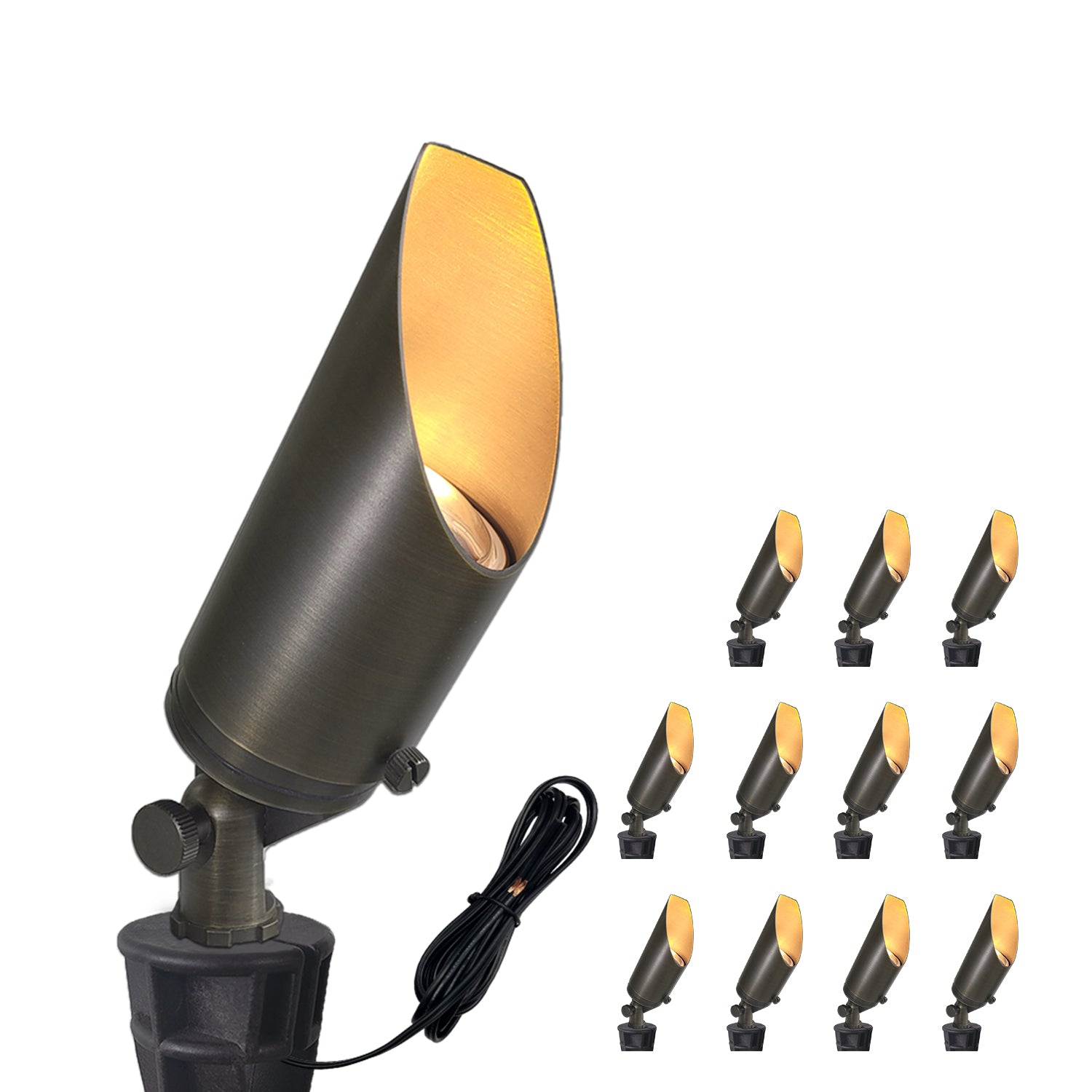 Brass outdoor LED landscape spotlight from Volt Landscape Lights COA103B-4 series with multiple units on white background