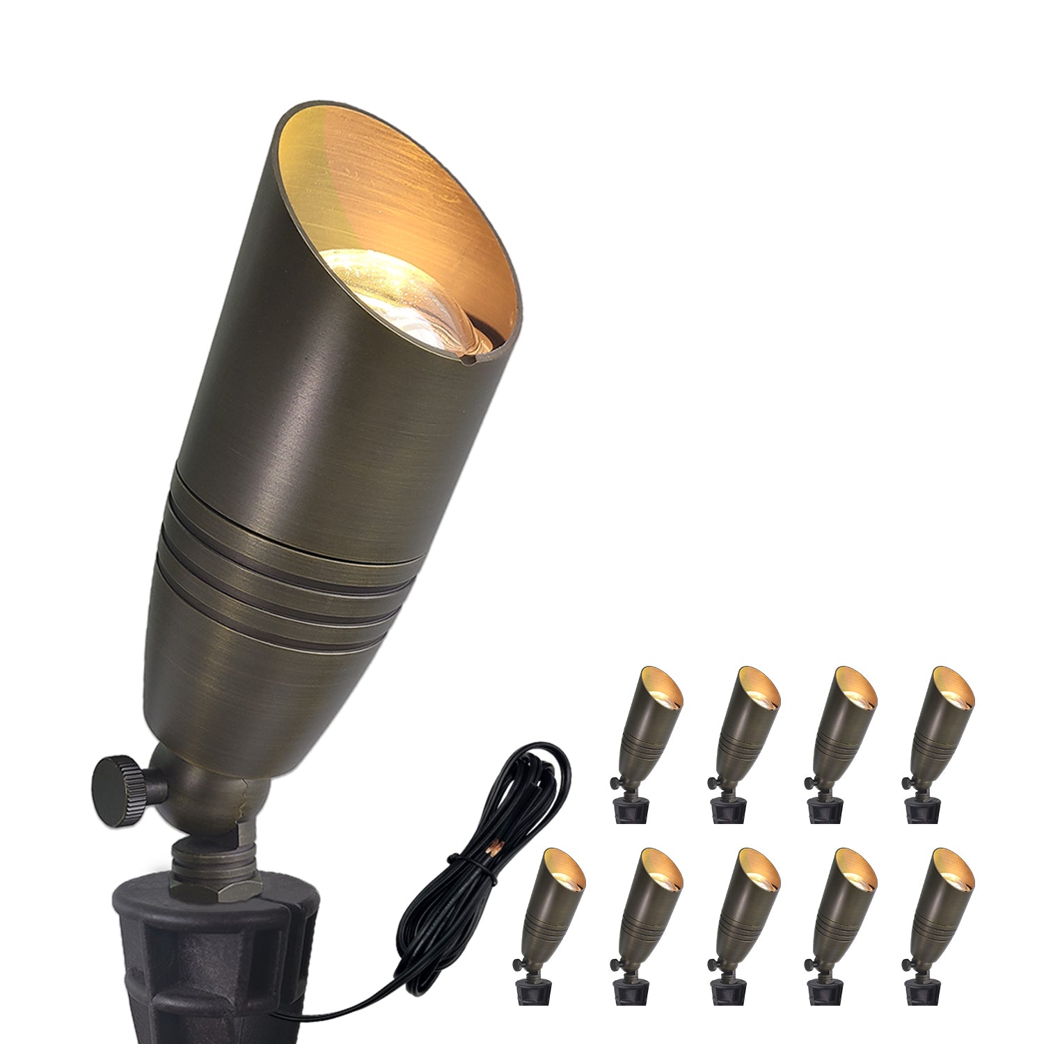Brass die-cast LED landscape tree lighting COA102B-3 with low voltage outdoor spotlights displayed in various angles