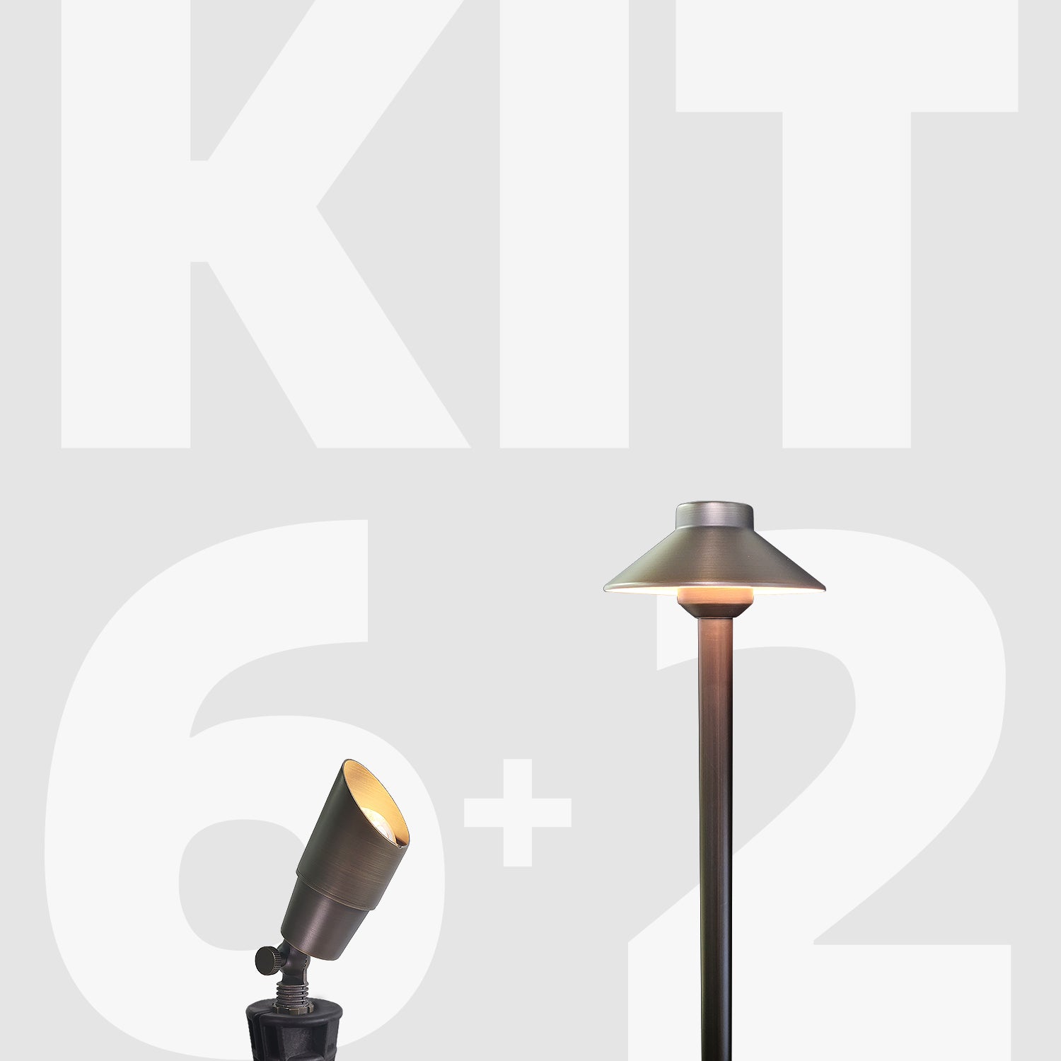 Two-piece cast brass LED landscape lighting kit showing spotlight and path light with 12V low voltage design for outdoor waterproof lighting solutions