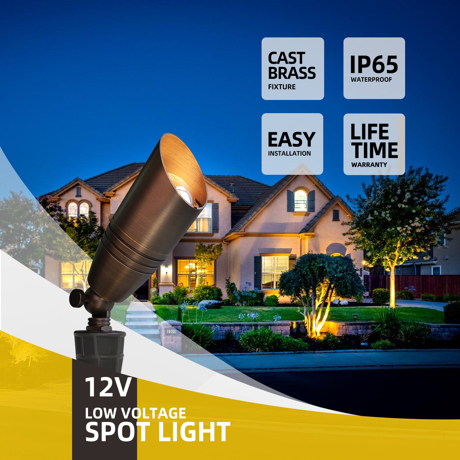 COLOER 12V low voltage LED landscape spot light highlighting a house at night with features including cast brass, IP65 waterproof, easy installation, and lifetime warranty.