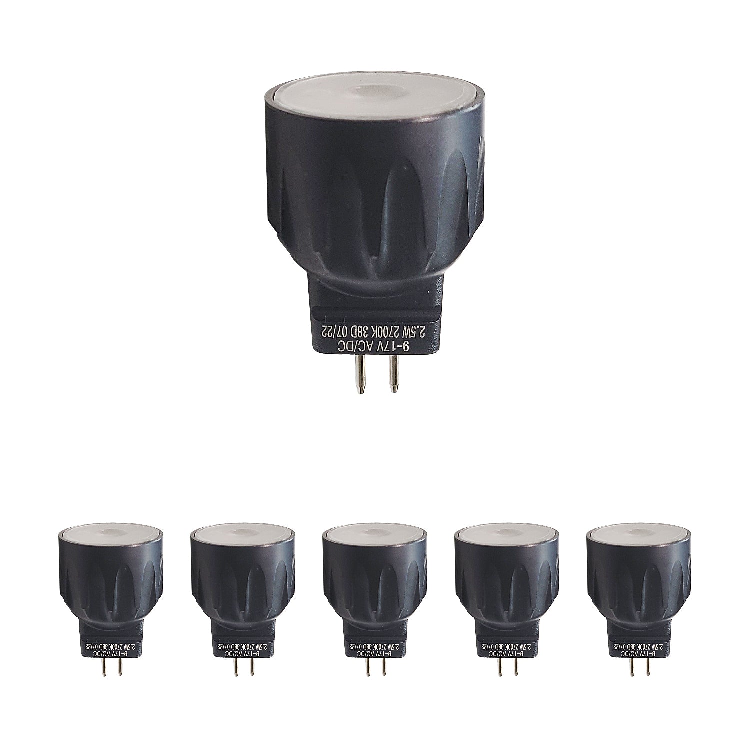 Six 2.5W MR8 LED bulbs with 2700K warm white light and GU4 base pins suitable for low voltage outdoor landscape lighting