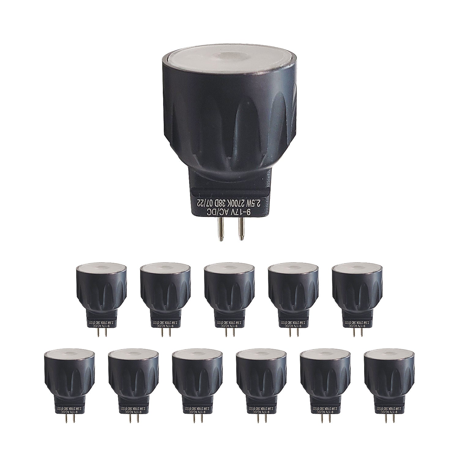 Set of twelve 2.5W MR8 LED bulbs, low voltage outdoor lighting, 2700K warm white, black casing with two metal prongs.