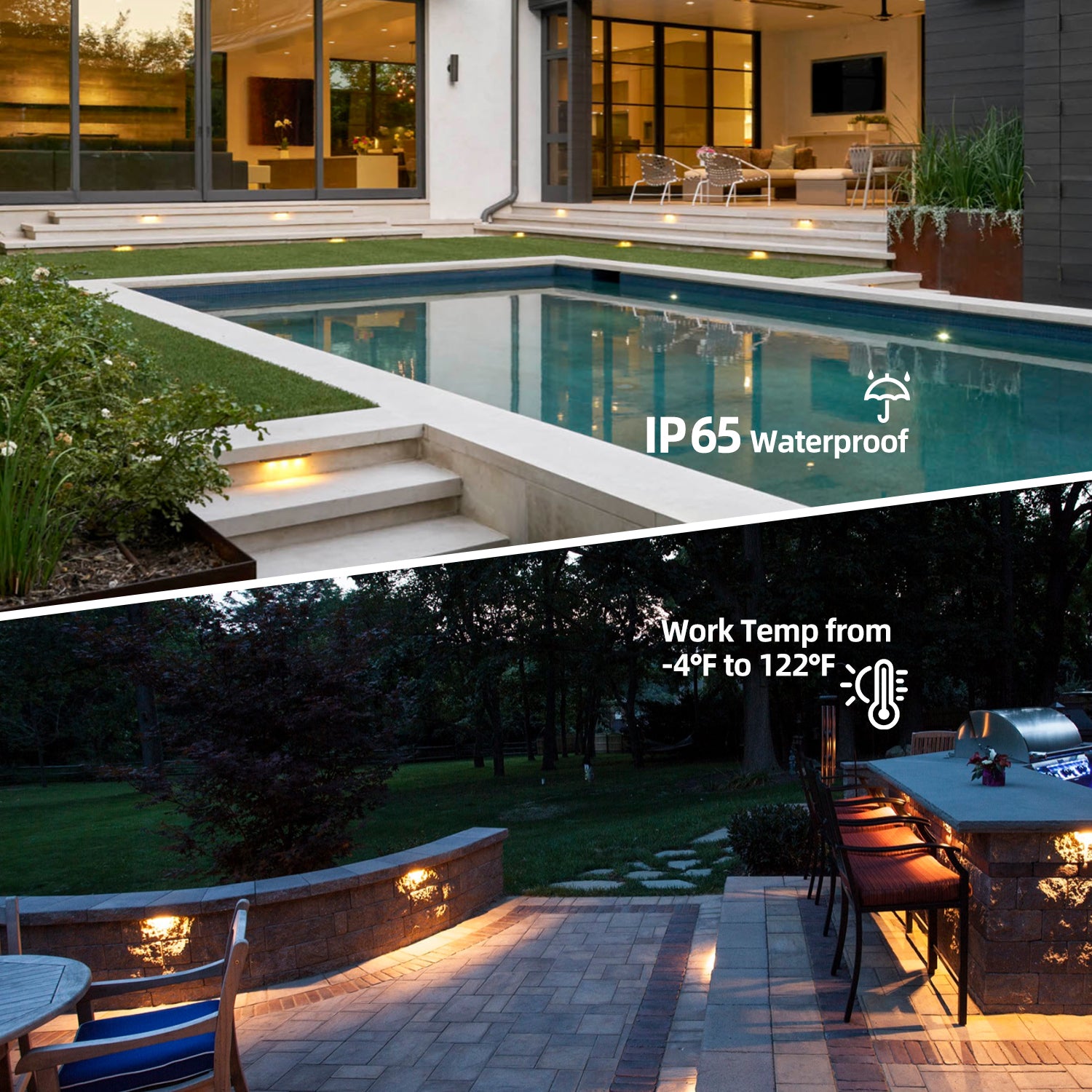 LED aluminum hardscape lights installed around a pool and patio, highlighting IP65 waterproof rating and wide temperature operating range.