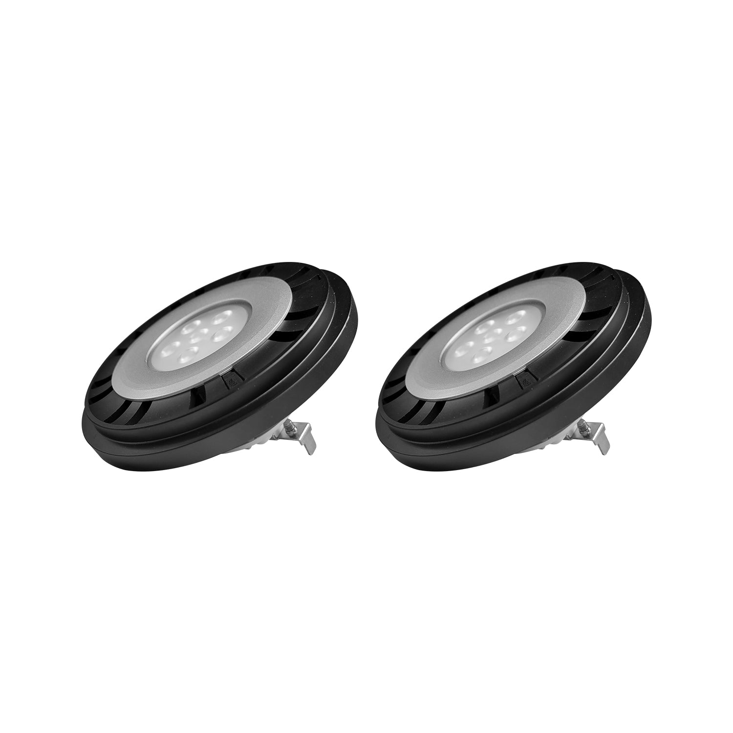Pair of black PAR36 low voltage waterproof LED landscape bulbs designed for efficient outdoor lighting