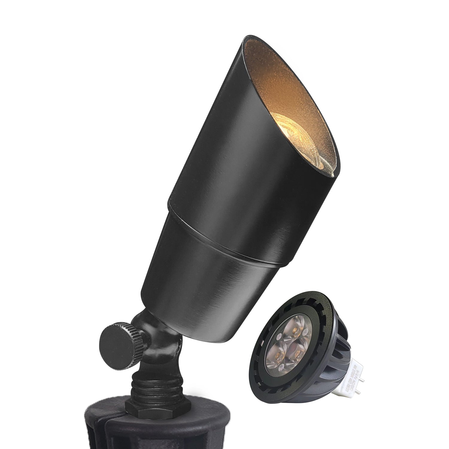 Adjustable black LED landscape spotlight with MR16 bulb for outdoor use