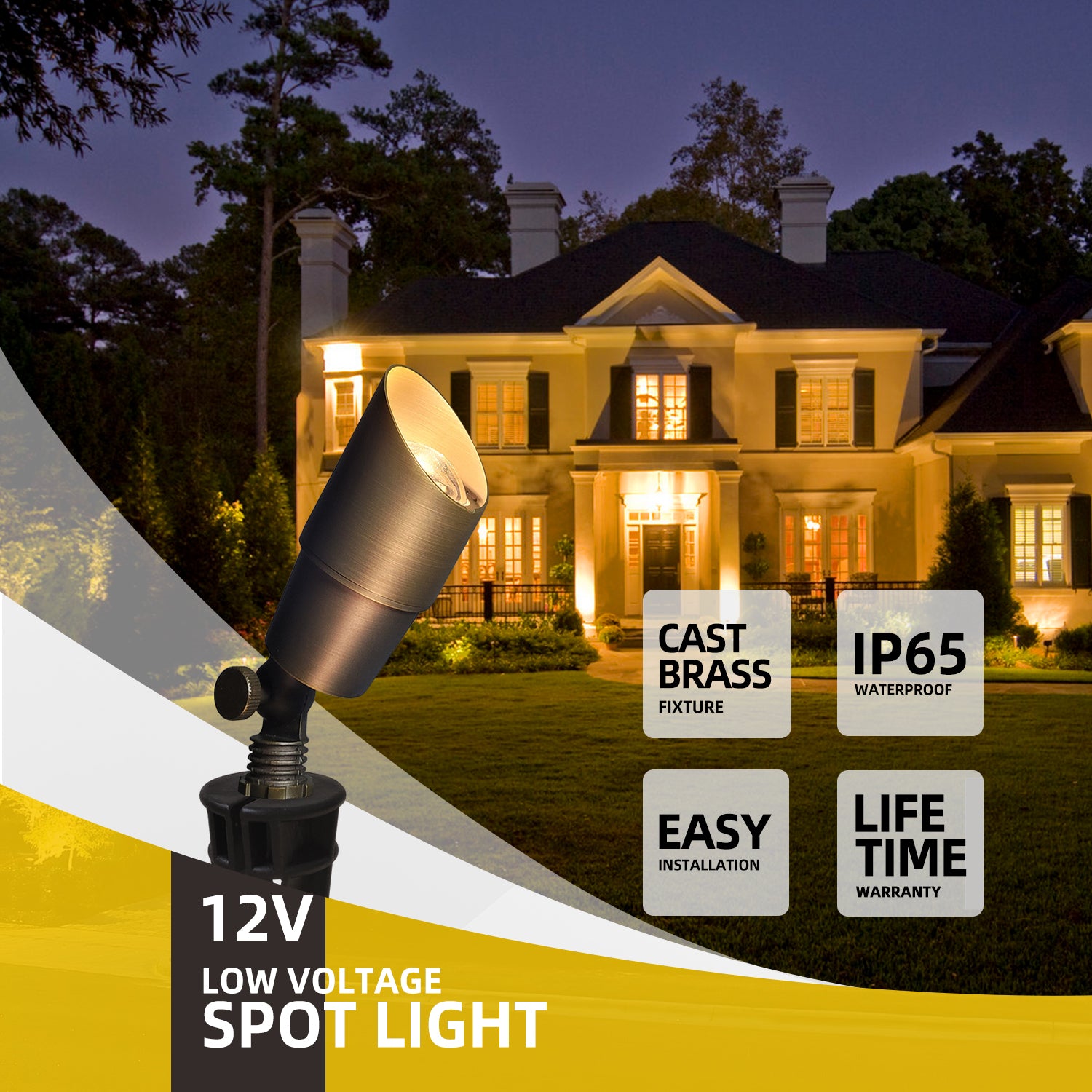 Elegant house illuminated at night by a 12V low voltage LED brass spotlight, COA101B model, featuring cast brass fixture, IP65 waterproof rating, easy installation, and lifetime warranty.