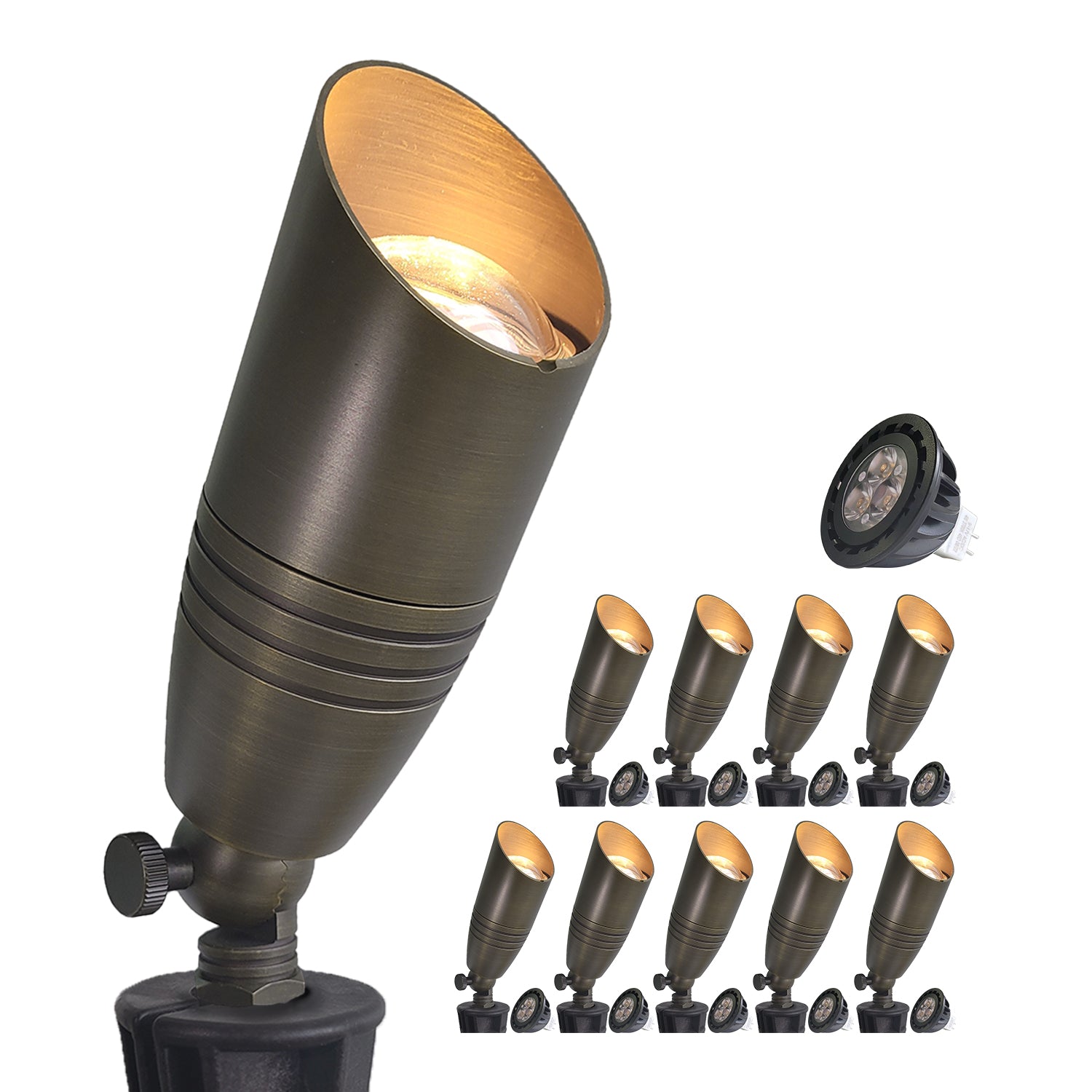 Brass LED landscape tree lighting set, low voltage outdoor spotlights COA102B with illuminated and unlit examples