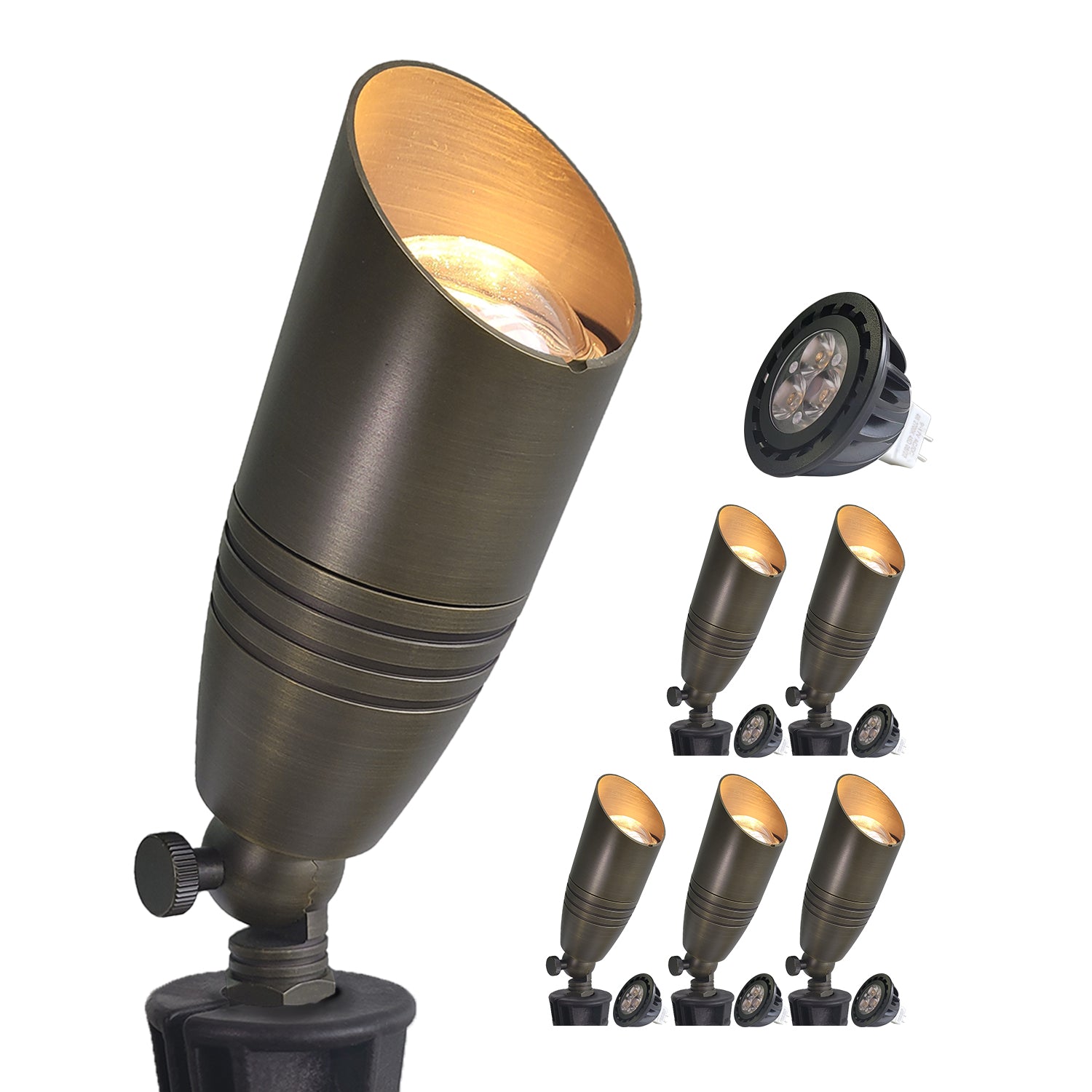 Brass LED landscape tree lighting set with low voltage outdoor spotlights COA102B showing individual light design and group arrangement.