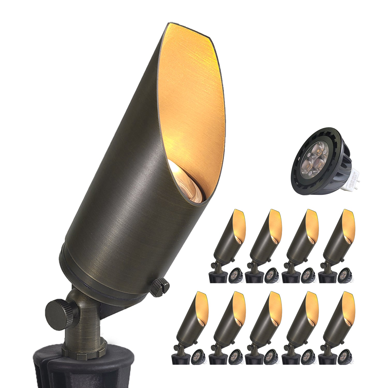 Brass outdoor low voltage LED landscape spotlight kit from Volt Landscape Lights COA103B.