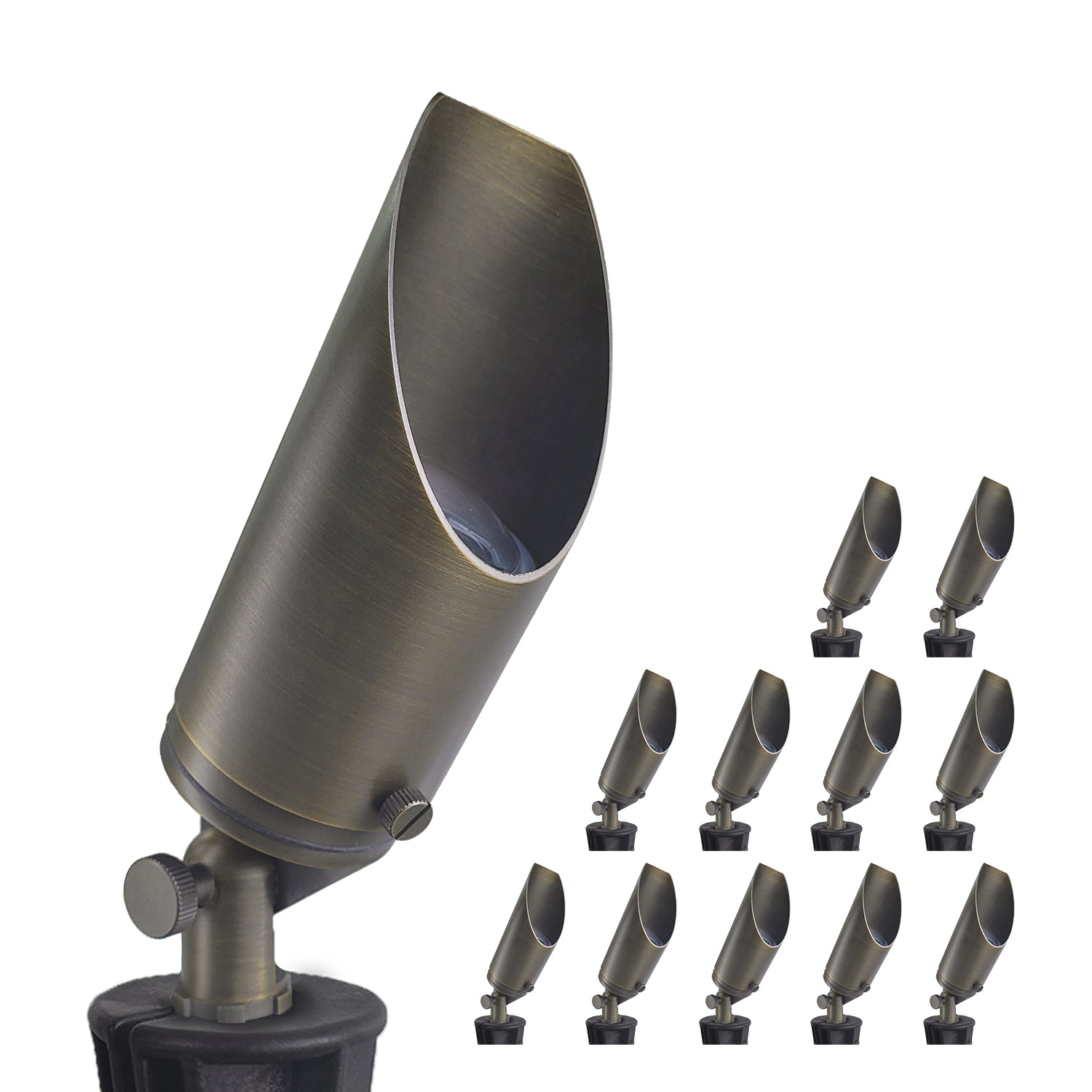 Brass outdoor LED landscape spotlight from Volt Landscape Lights COA103B series with multiple units on white background