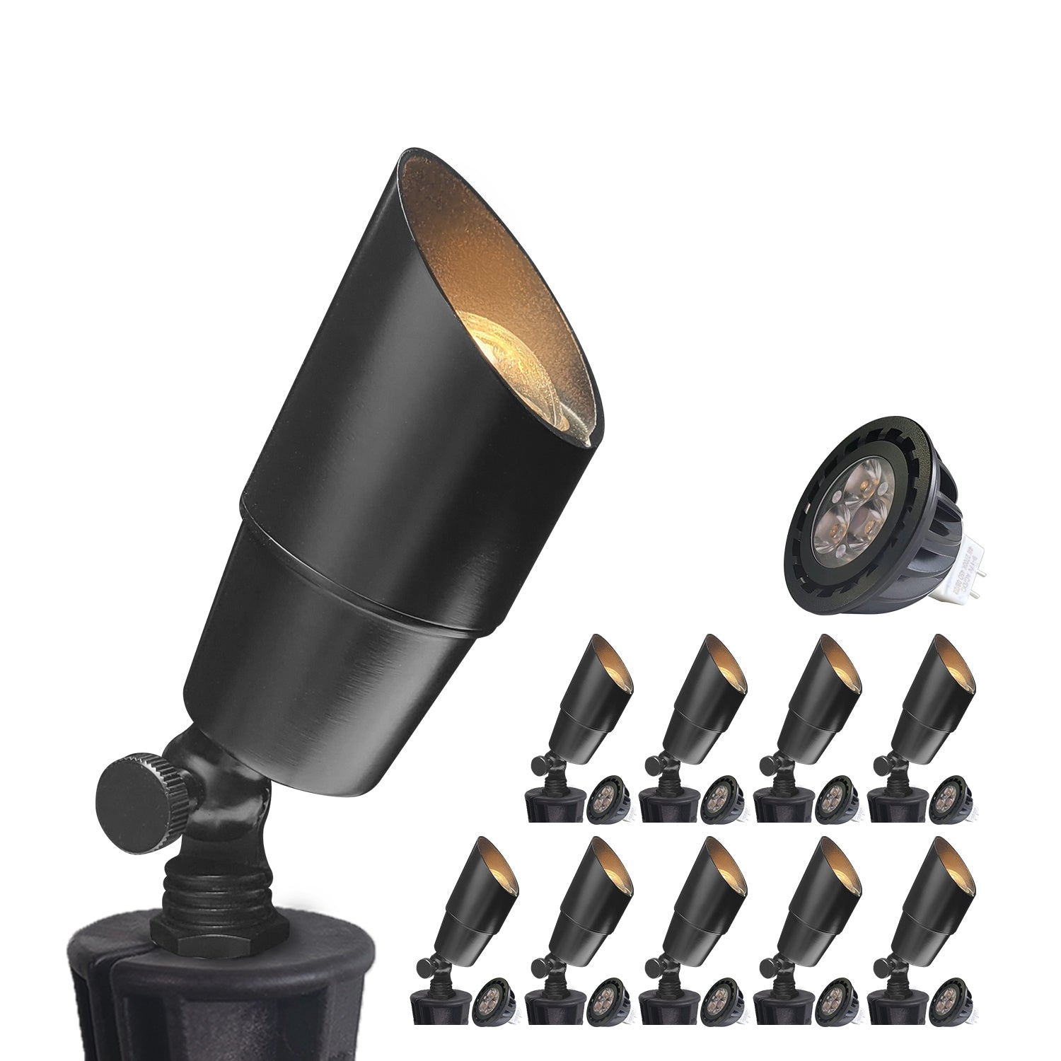 Adjustable black LED spotlight with MR16 bulb for outdoor landscape lighting.