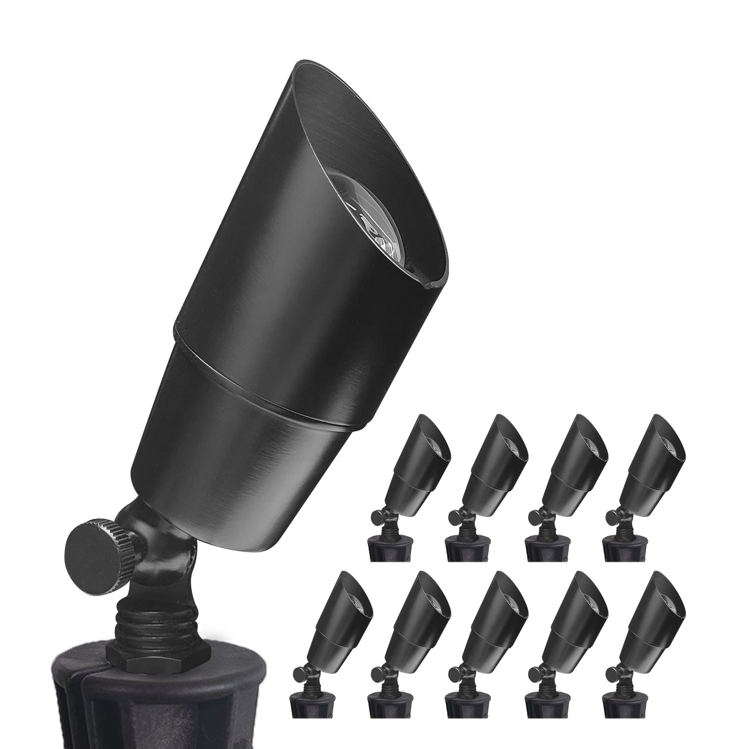 Adjustable black LED spotlight with MR16 bulb for versatile outdoor landscape lighting.