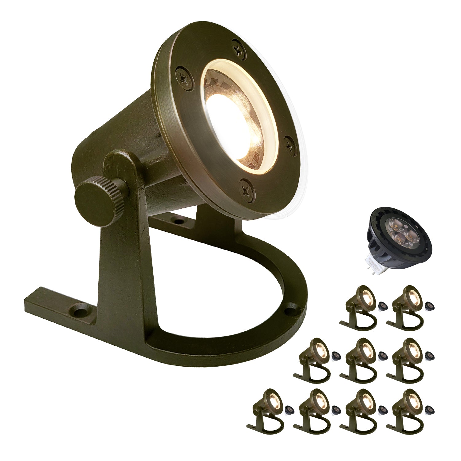 Brass underwater low voltage landscape light for pools and fountains COU1201B with adjustable mount and accessories.