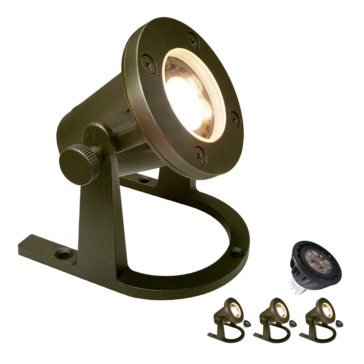 Brass underwater landscape lighting for pools and fountains, COU1201B model with accessories.