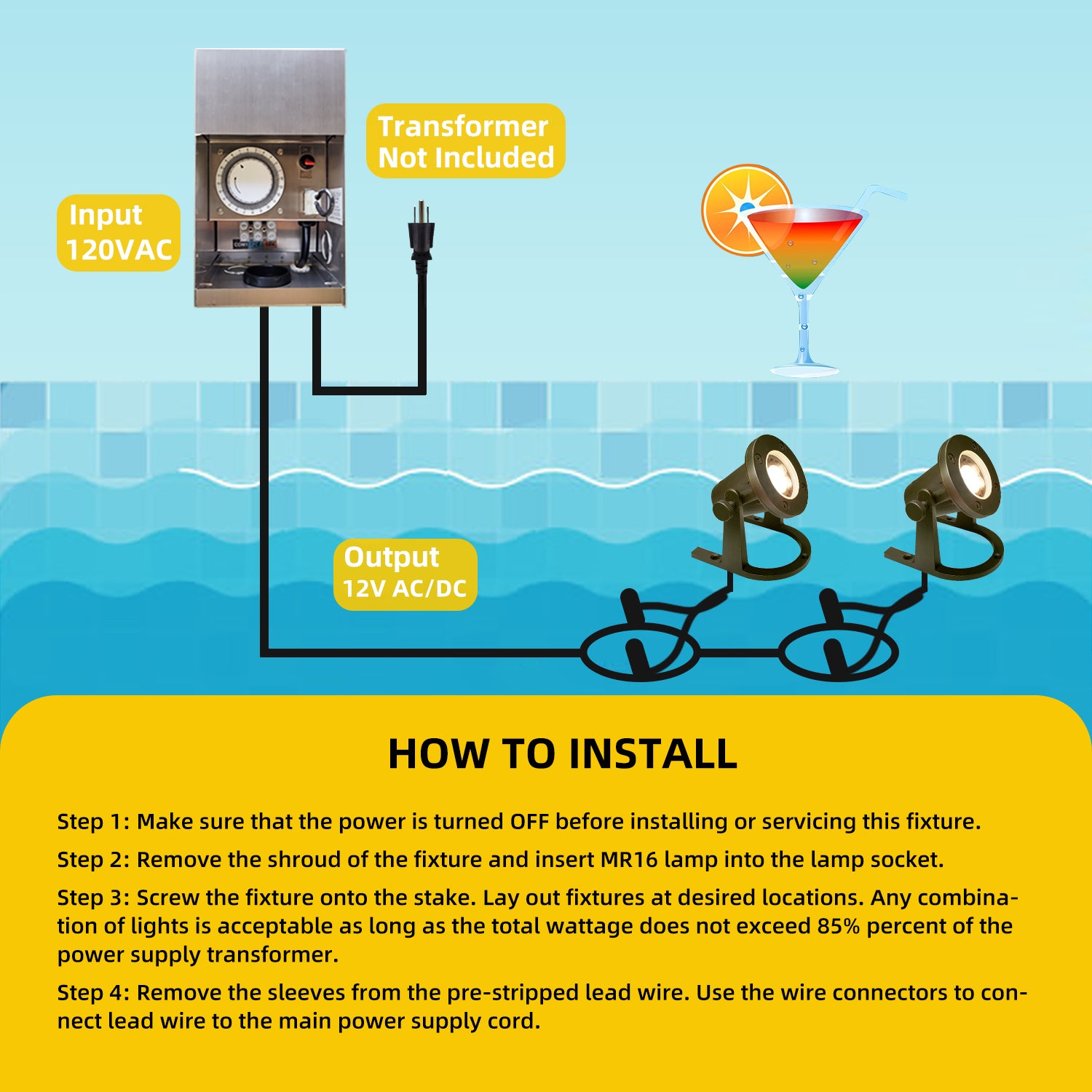 Installation guide for COU1201B underwater landscape lights with transformer specifications, lamp insertion steps, and connection details.