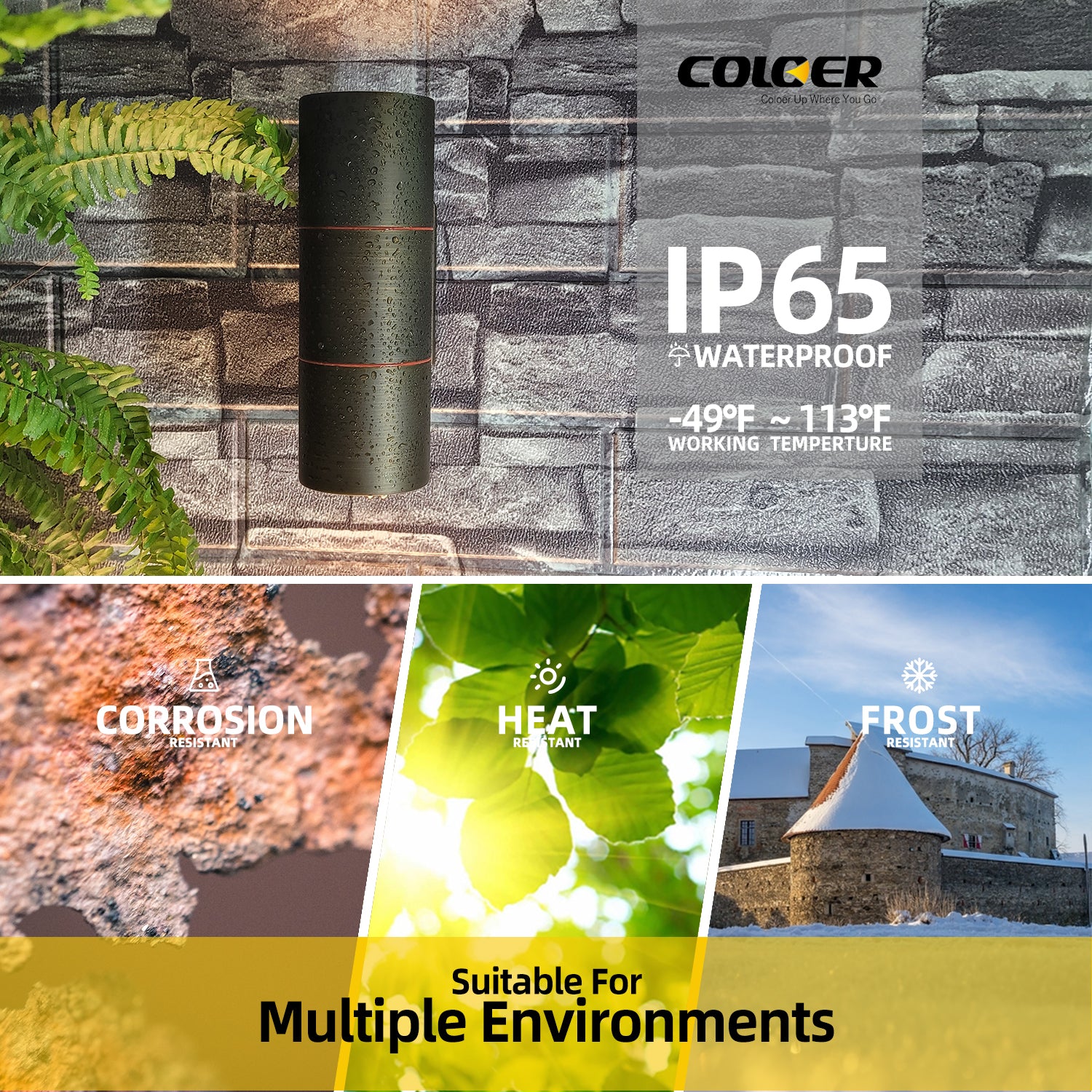 IP65 waterproof COLOER brass outdoor wall sconce, resistant to corrosion, heat, and frost, suitable for multiple environments, showcased with a stone wall backdrop.