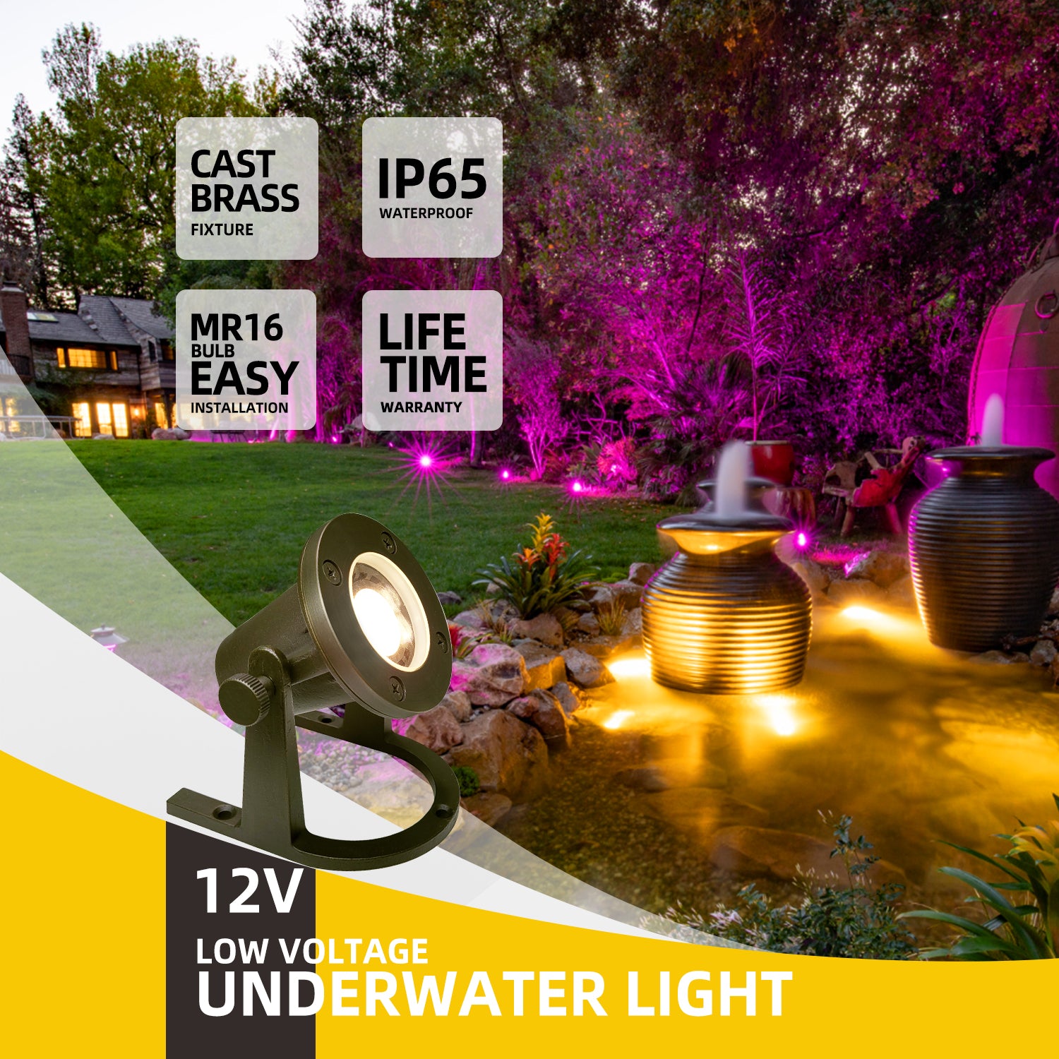 Low voltage brass underwater landscape light illuminating a pond and garden with cast brass, IP65 waterproof, easy installation MR16 bulb, and lifetime warranty features