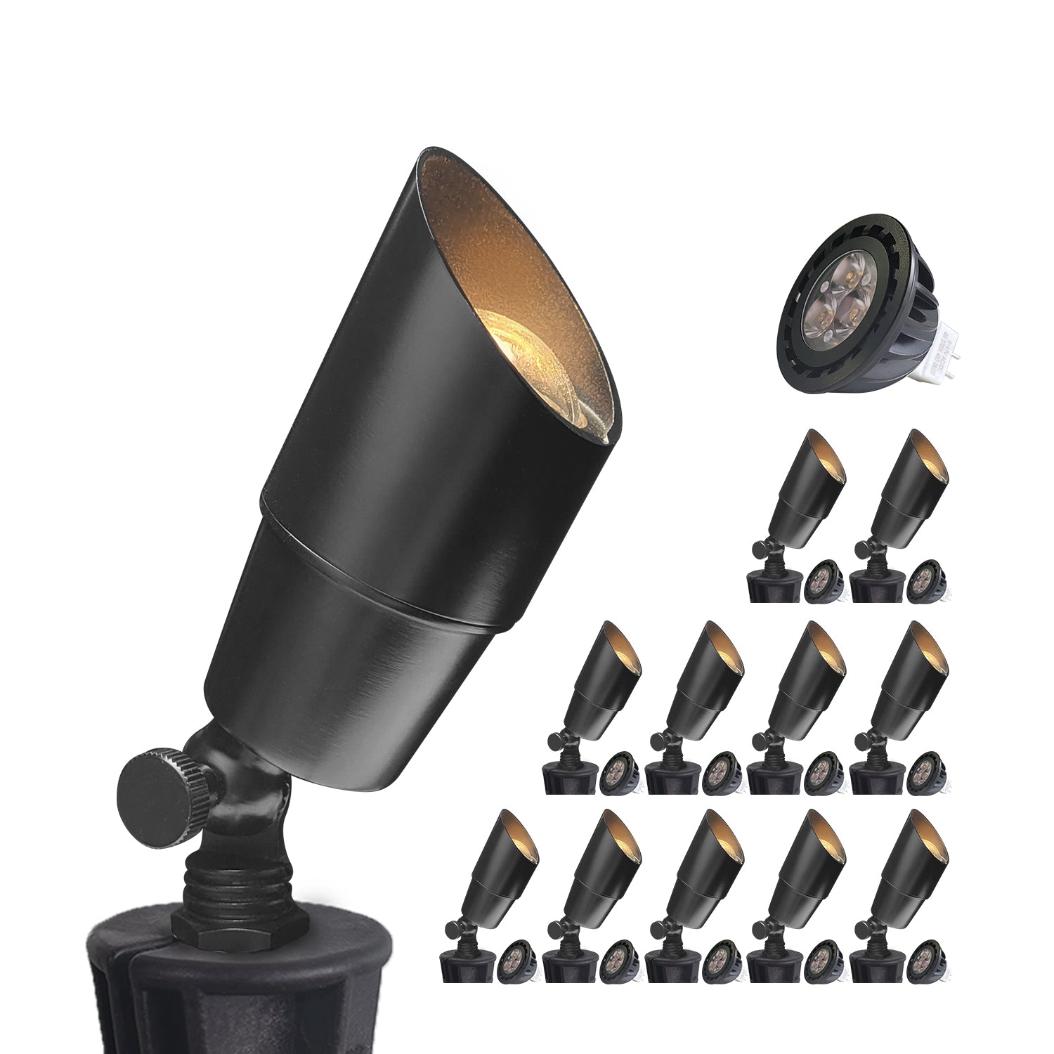 Black adjustable LED spotlight for illuminating outdoor landscapes and features.