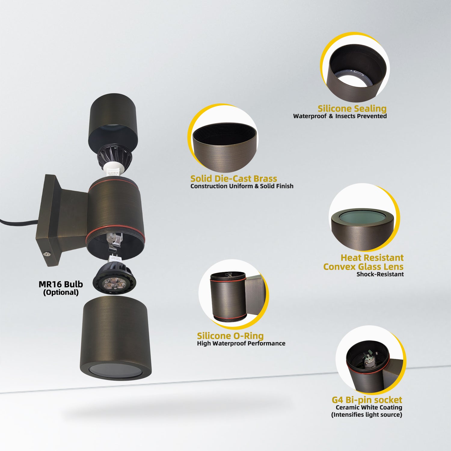 Components of COLOER Brass Outdoor Wall Sconce COL1301B including silicone sealing, solid die-cast brass, heat resistant convex glass lens, silicone O-ring, and G4 bi-pin socket.