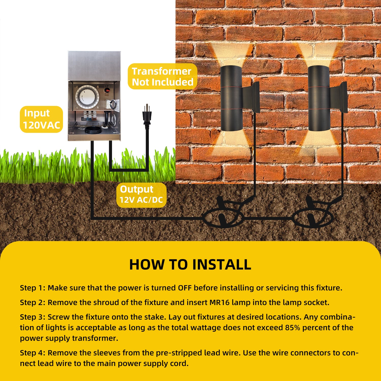 Installation guide for the COL1301B brass outdoor wall sconce with up and down lighting for low voltage landscape exterior, showing input and output voltage details, transformer note, and installation steps.