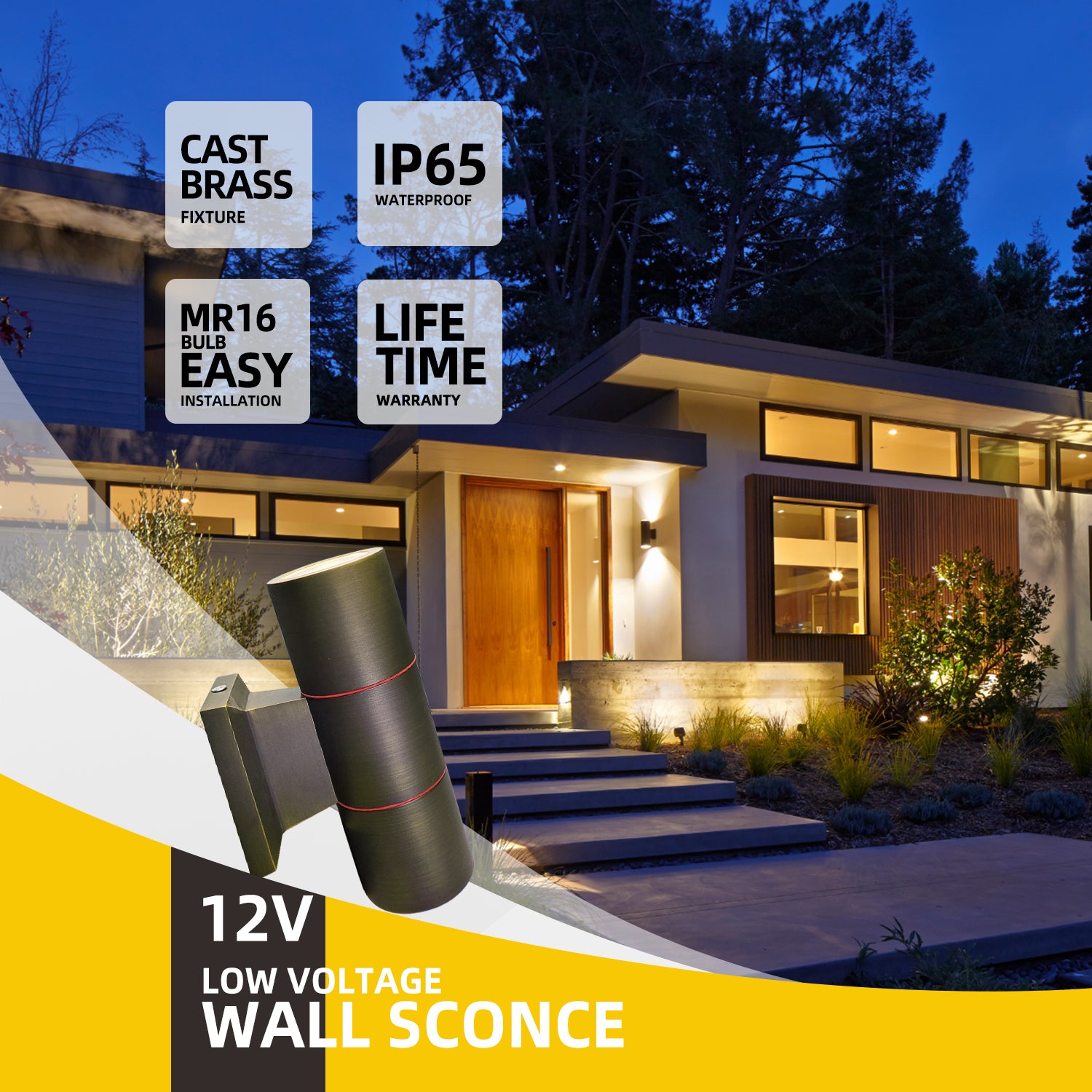 Modern house exterior with pathway lit by brass outdoor wall sconce, low voltage up and down light, with text highlighting features: CAST BRASS, IP65 Waterproof, MR16 Easy Installation, Lifetime Warranty.