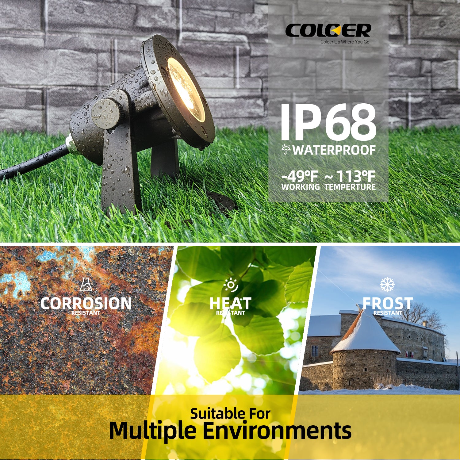 COLOER IP68 waterproof brass underwater light on grass with corrosion, heat, and frost resistance, suitable for multiple environments