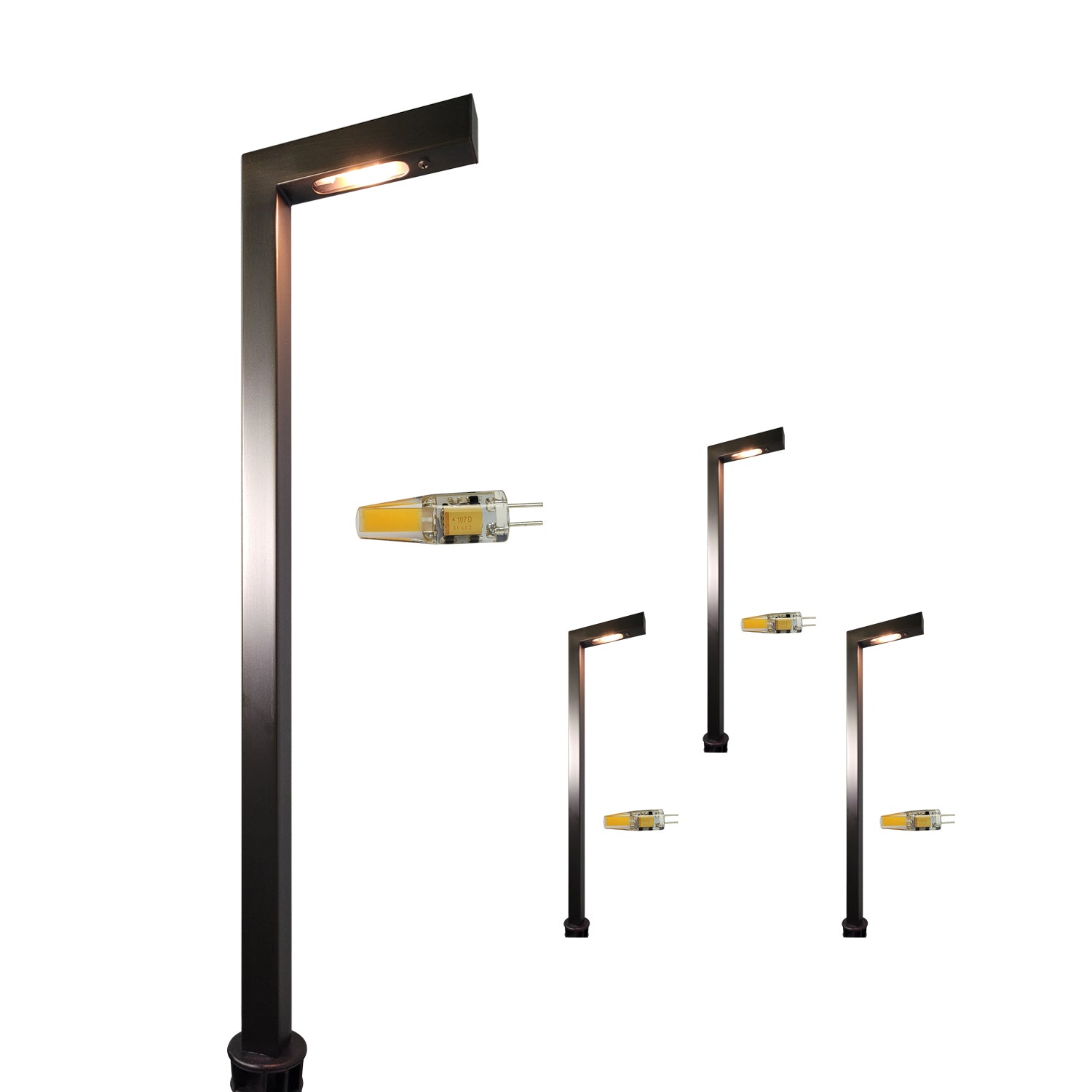 Solid brass low voltage outdoor pathway light set with adjustable angles and showcased LED bulbs, ideal for waterproof landscape lighting