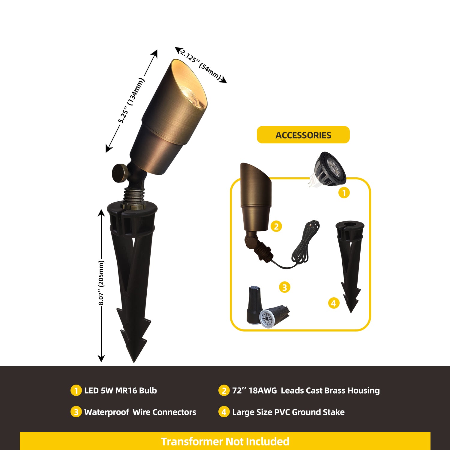 COLOER low voltage LED brass landscape spotlight COA101B with included LED bulb, waterproof connectors, brass housing, and PVC ground stake. Transformer not included.