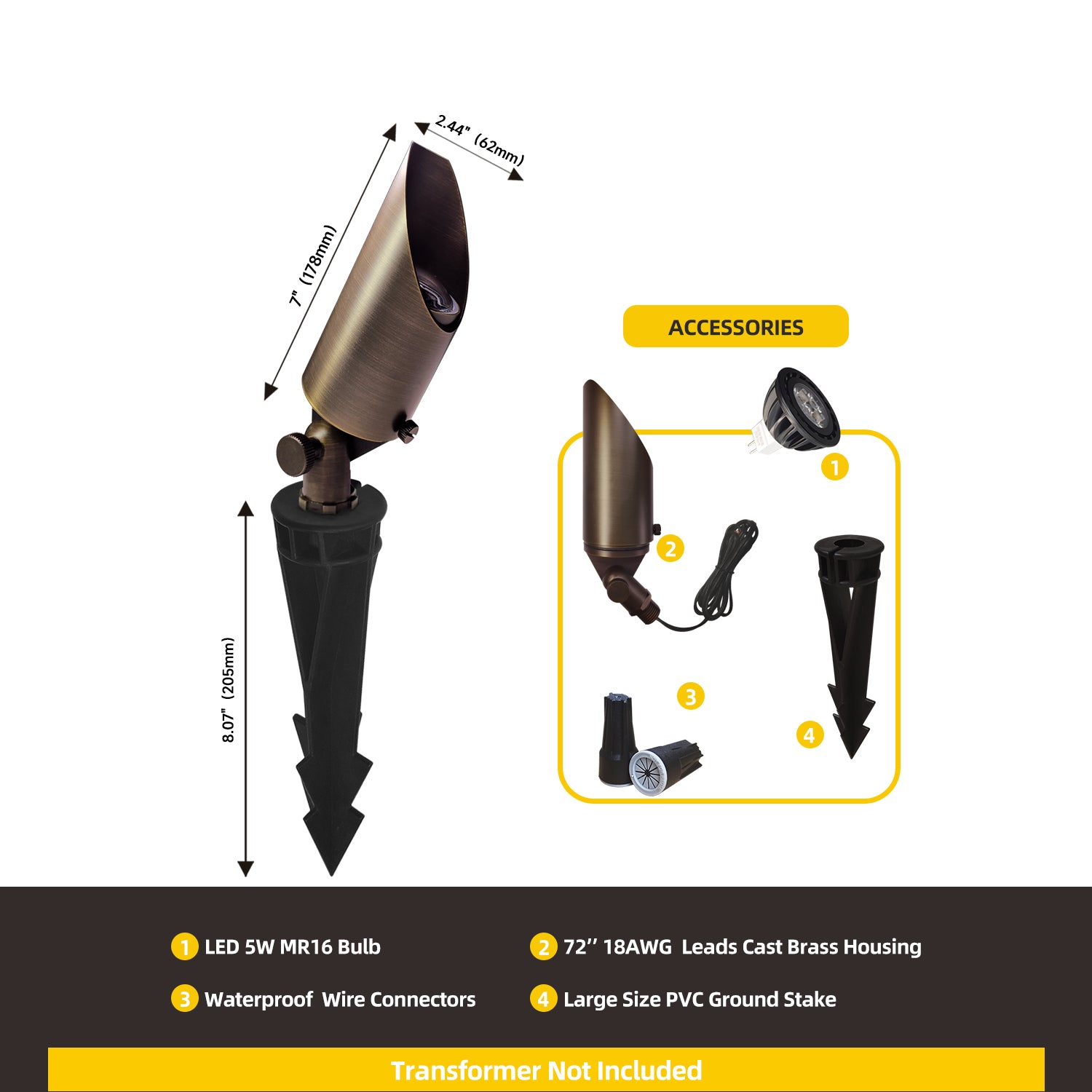 Low voltage brass landscape spotlight with LED 5W MR16 bulb, 72-inch 18AWG leads cast brass housing, waterproof wire connectors, and large PVC ground stake.