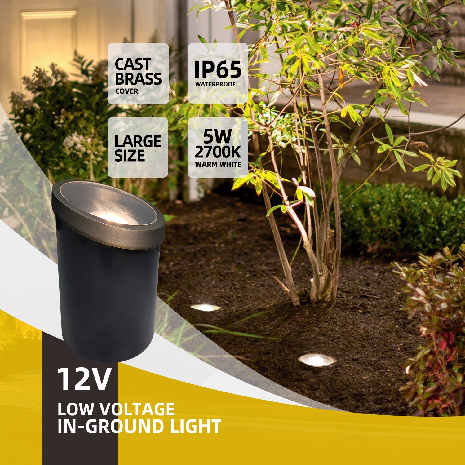 12V low voltage in-ground light with cast brass cover, IP65 waterproof rating, large size, 5W 2700K warm white light, installed in a garden for landscape lighting