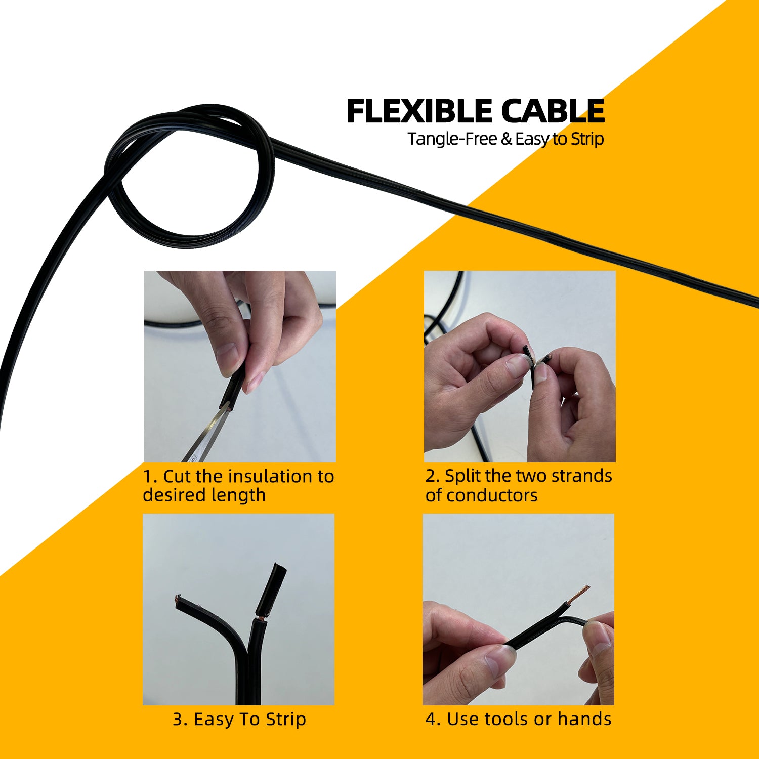 Instructional guide for handling 12 gauge low voltage landscape wire, showing steps to cut, split, and strip the cable using tools or hands. Flexible, tangle-free and easy to strip.