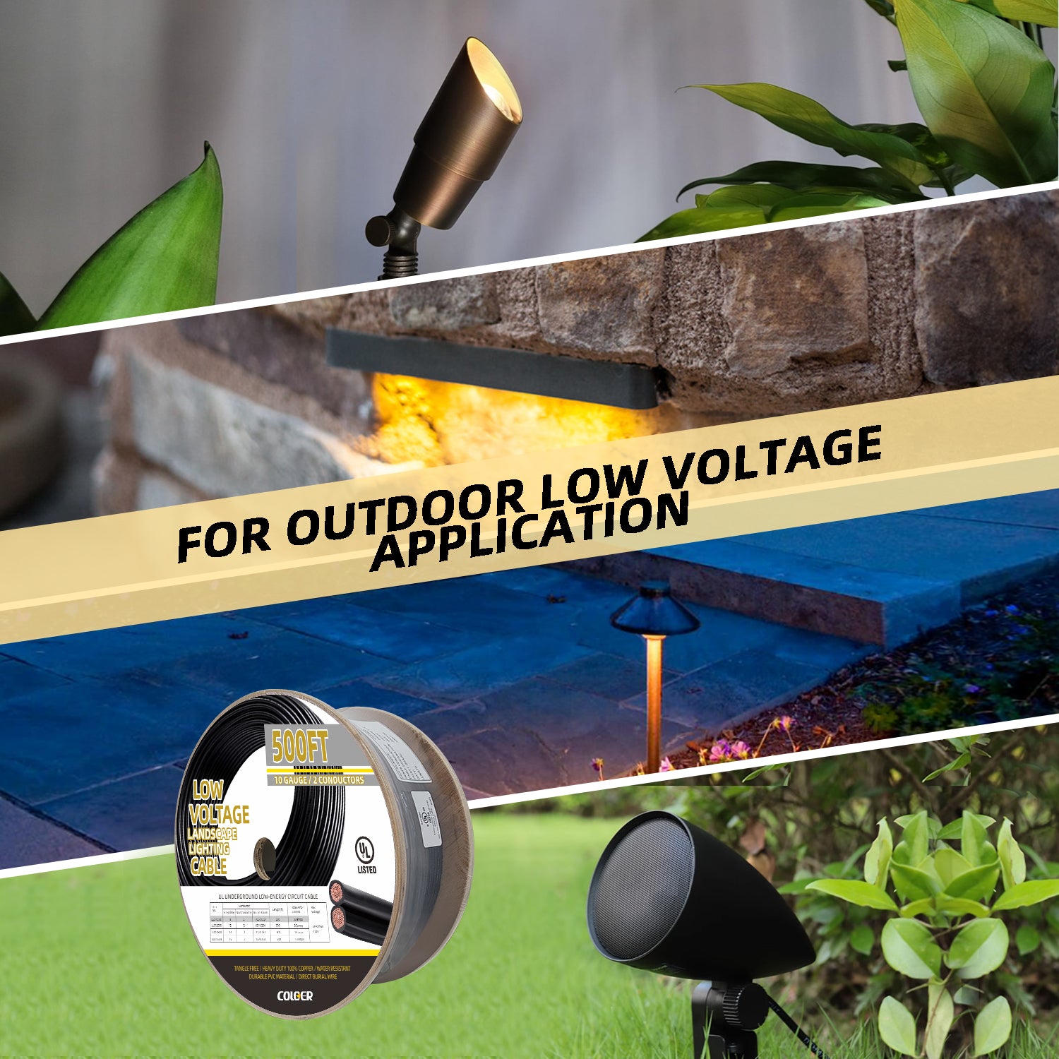 Various applications of outdoor low voltage lighting including LED spotlight, hardscape lights on stone wall with text 'FOR OUTDOOR LOW VOLTAGE APPLICATION', roll of 500 feet low voltage landscape wire, and path light installed in grass.