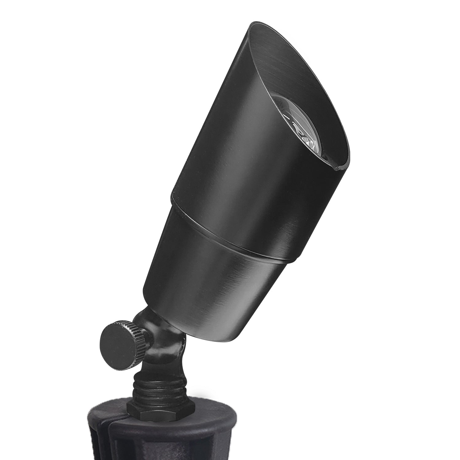 Adjustable black LED spotlight for landscape lighting and outdoor illumination.