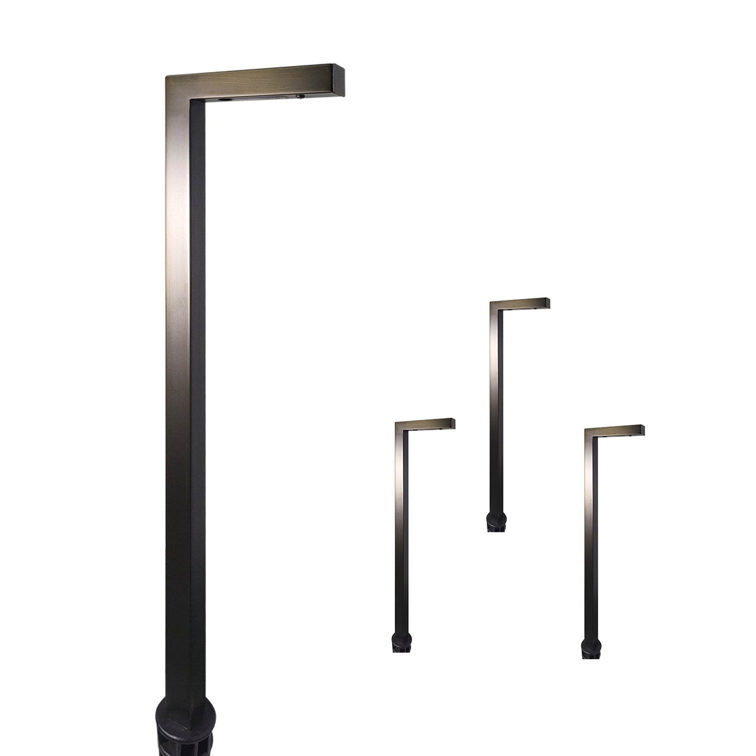 Set of solid brass low voltage outdoor pathway lights in different heights with modern design, suitable for waterproof landscape lighting