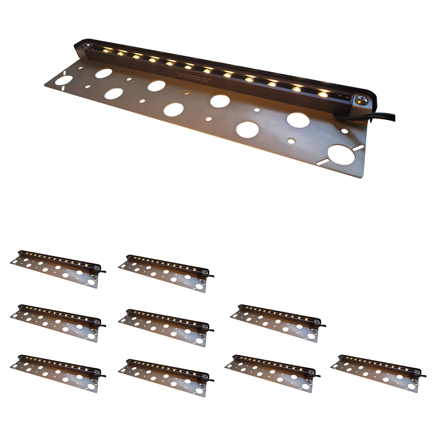 Nine 13-inch aluminum LED hardscape lights arranged in a grid, with one prominently displayed showing glowing LED bulbs, ideal for outdoor step lighting, 2700K color temperature.