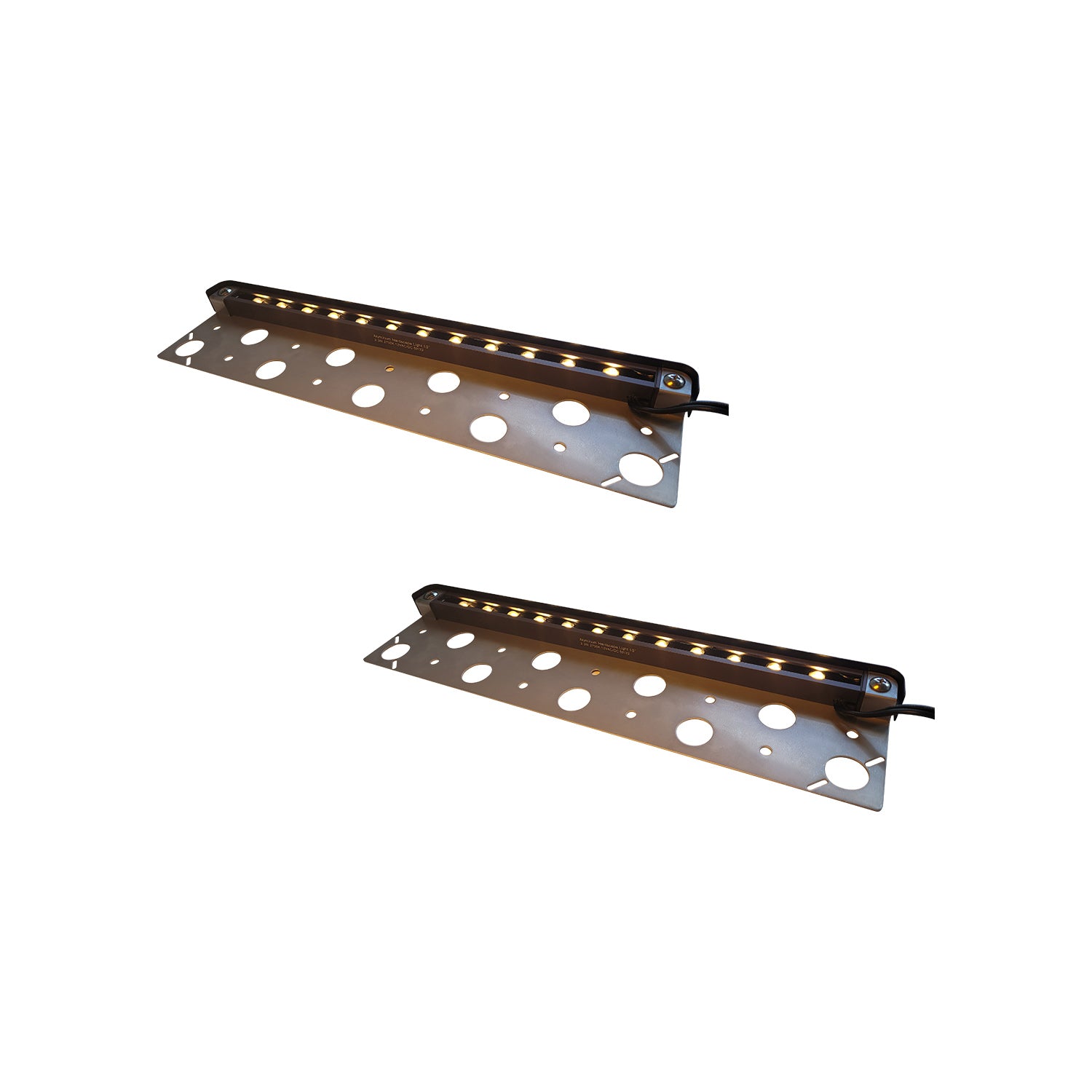 Pair of 13 inch aluminum LED hardscape lights COH201A for outdoor step lighting, featuring 2700K warm white light and perforated mounting plates.