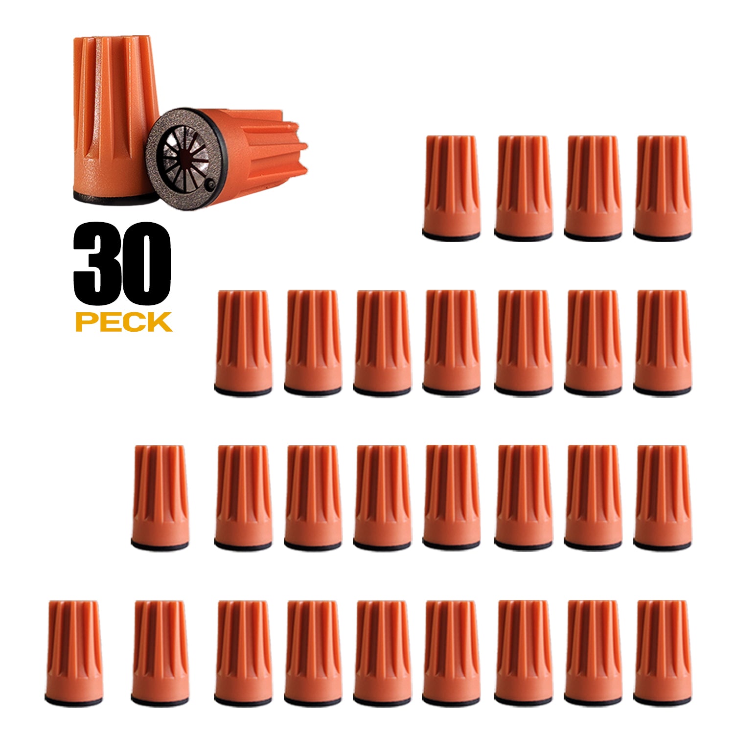 30-pack orange cone-shaped wire tap connectors for landscape lighting, displaying unique ribbed design for easy handling and secure installation